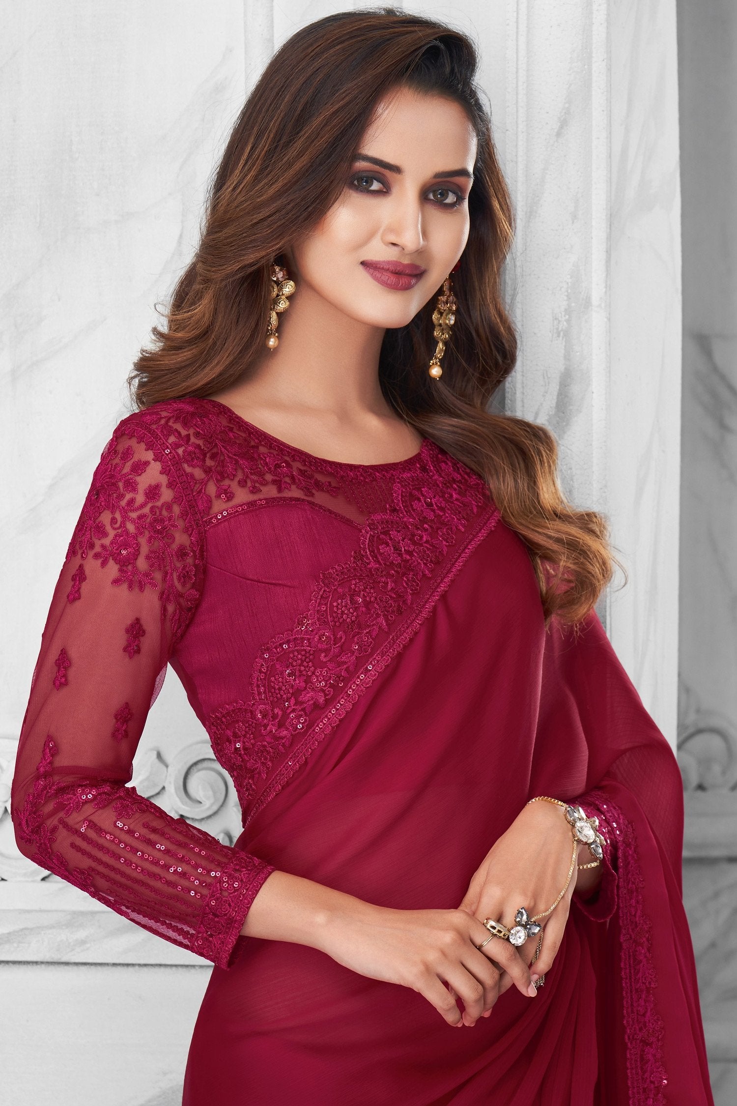 Buy MySilkLove Shiraz Maroon Satin Chiffon Designer Silk Saree Online