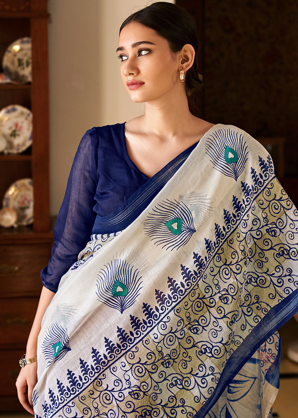 Buy MySilkLove Sisal White Blue and Mroon Cotton Linen Batik Printed Saree Online