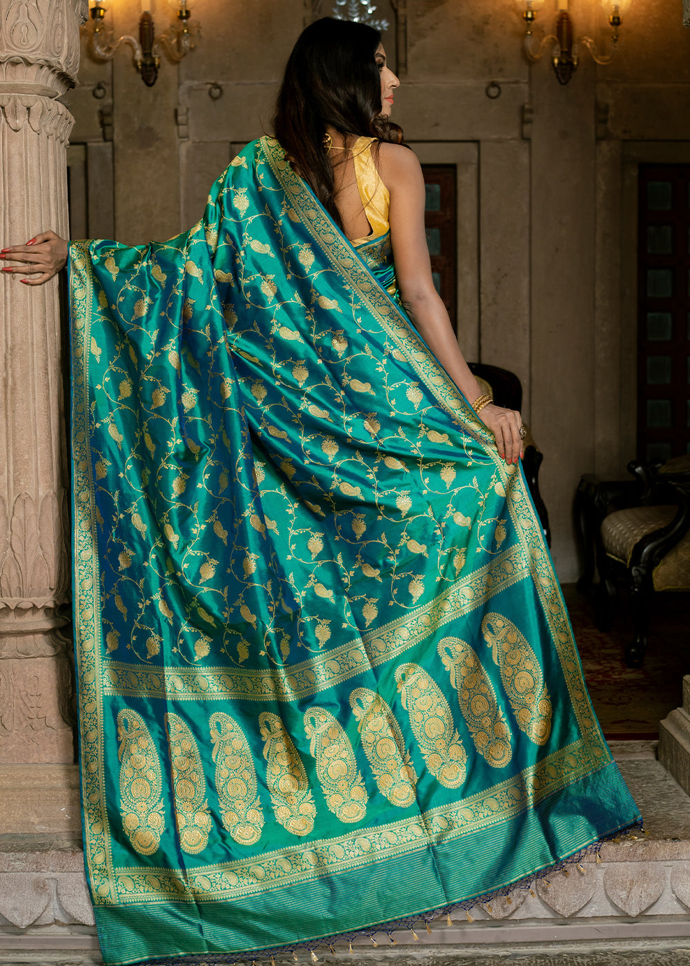 Buy MySilkLove Persian Green Hand Woven Katan Pure Silk Saree Online