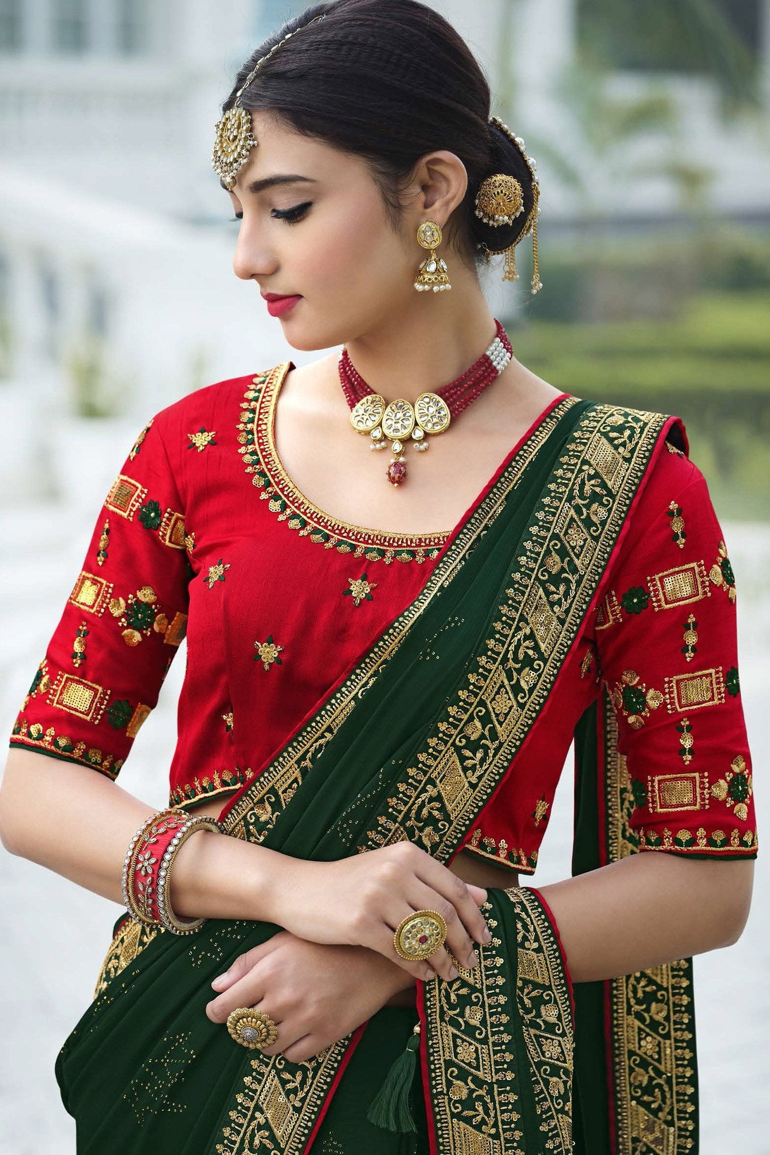 Buy MySilkLove Celtic Green and Red Chiffon Stone Work Saree Online