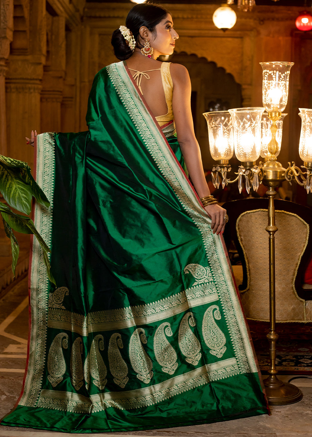Buy MySilkLove Dark Green Hand Woven Katan Pure Silk Saree Online