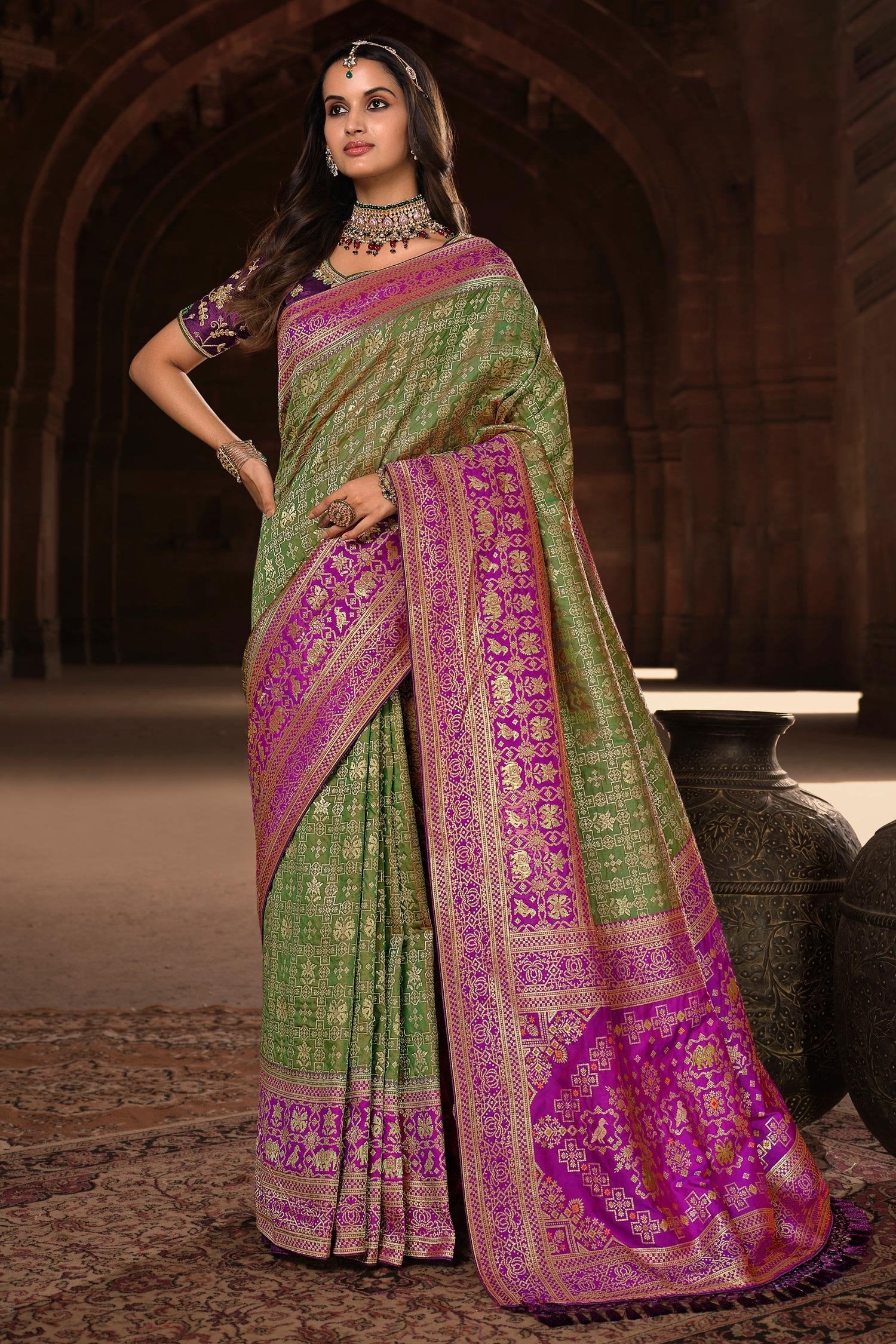Buy MySilkLove Fern Green and Purple Designer Banarasi Woven Silk Saree Online