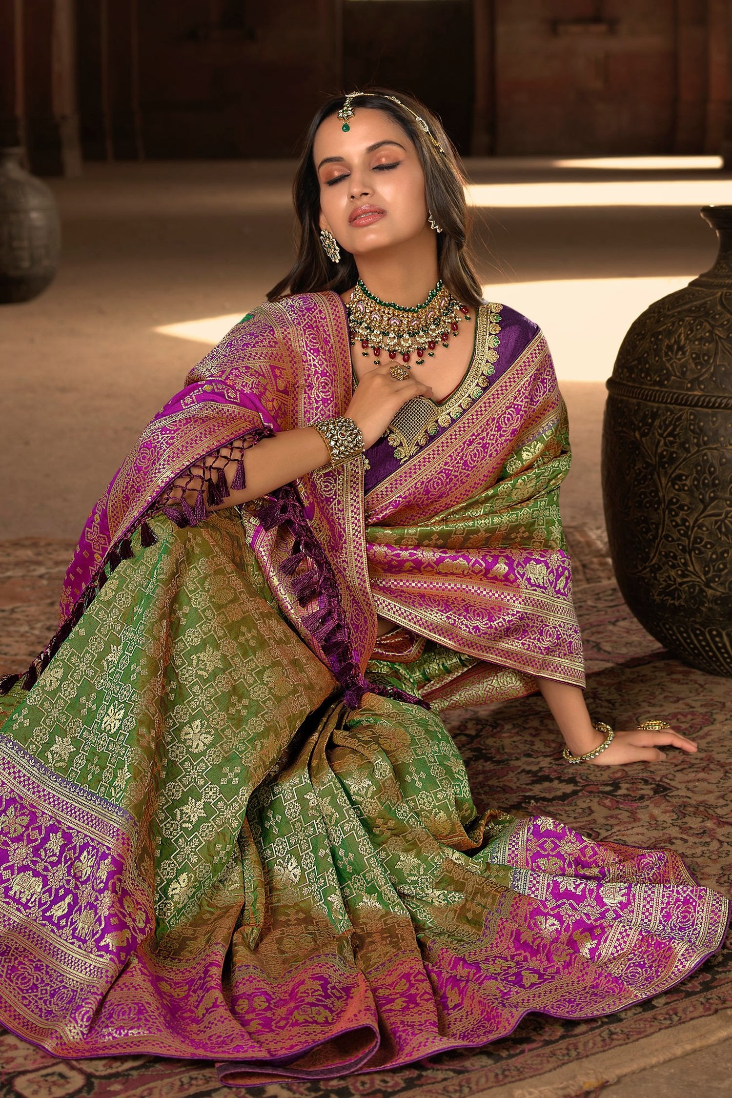 Buy MySilkLove Fern Green and Purple Designer Banarasi Woven Silk Saree Online