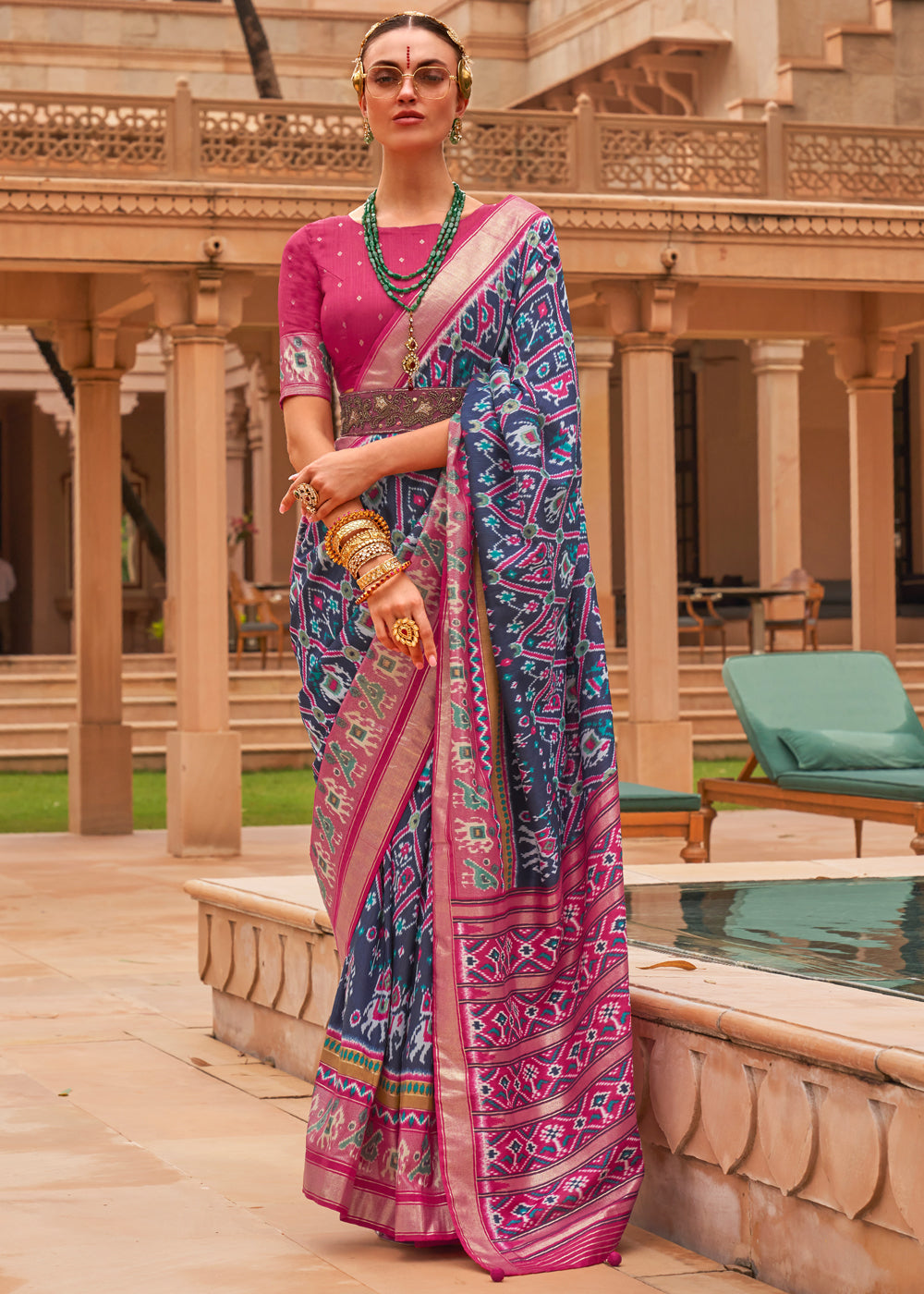 Buy MySilkLove Fiord Blue and Pink Woven Patola Silk Saree Online