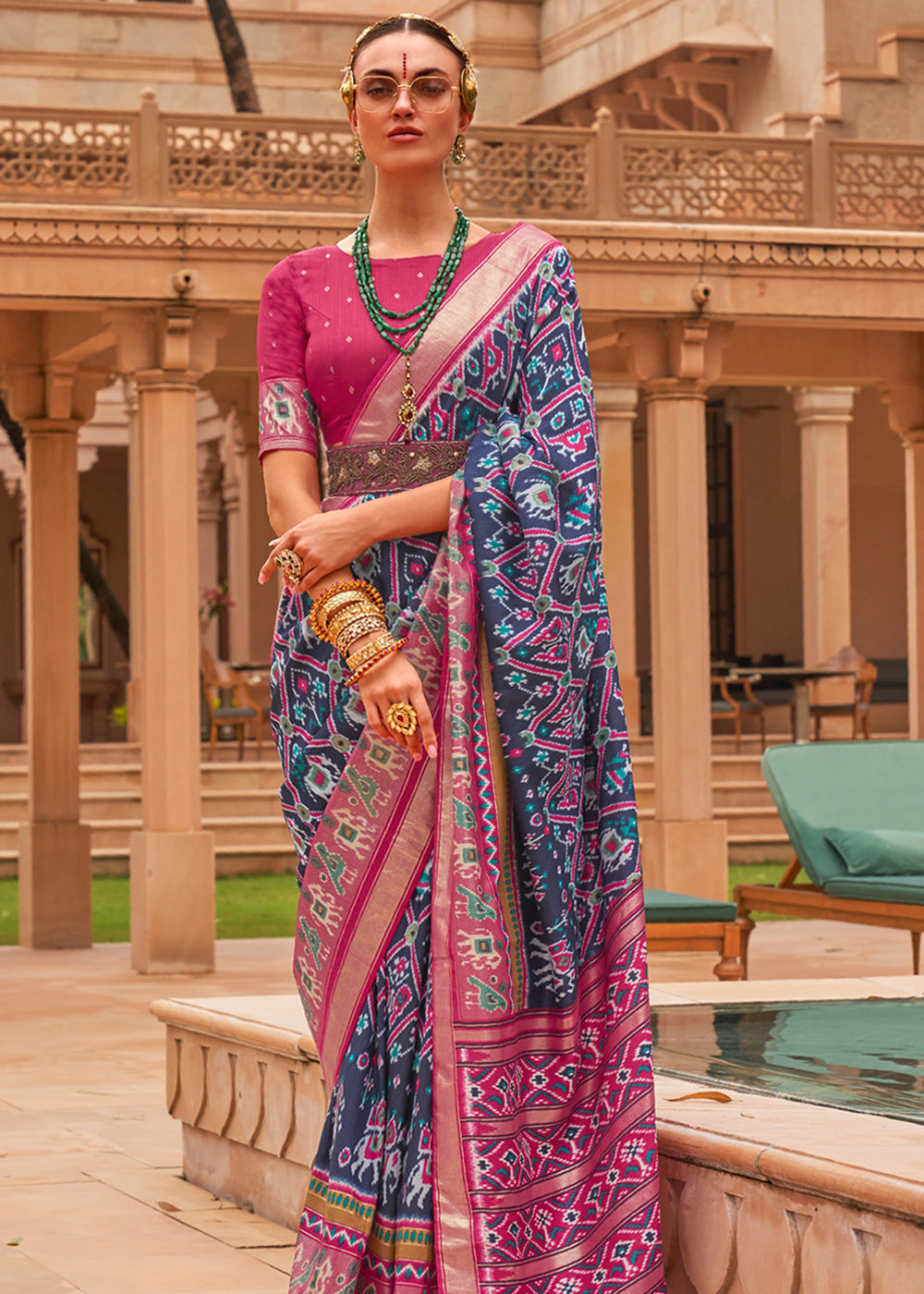 Buy MySilkLove Fiord Blue and Pink Woven Patola Silk Saree Online