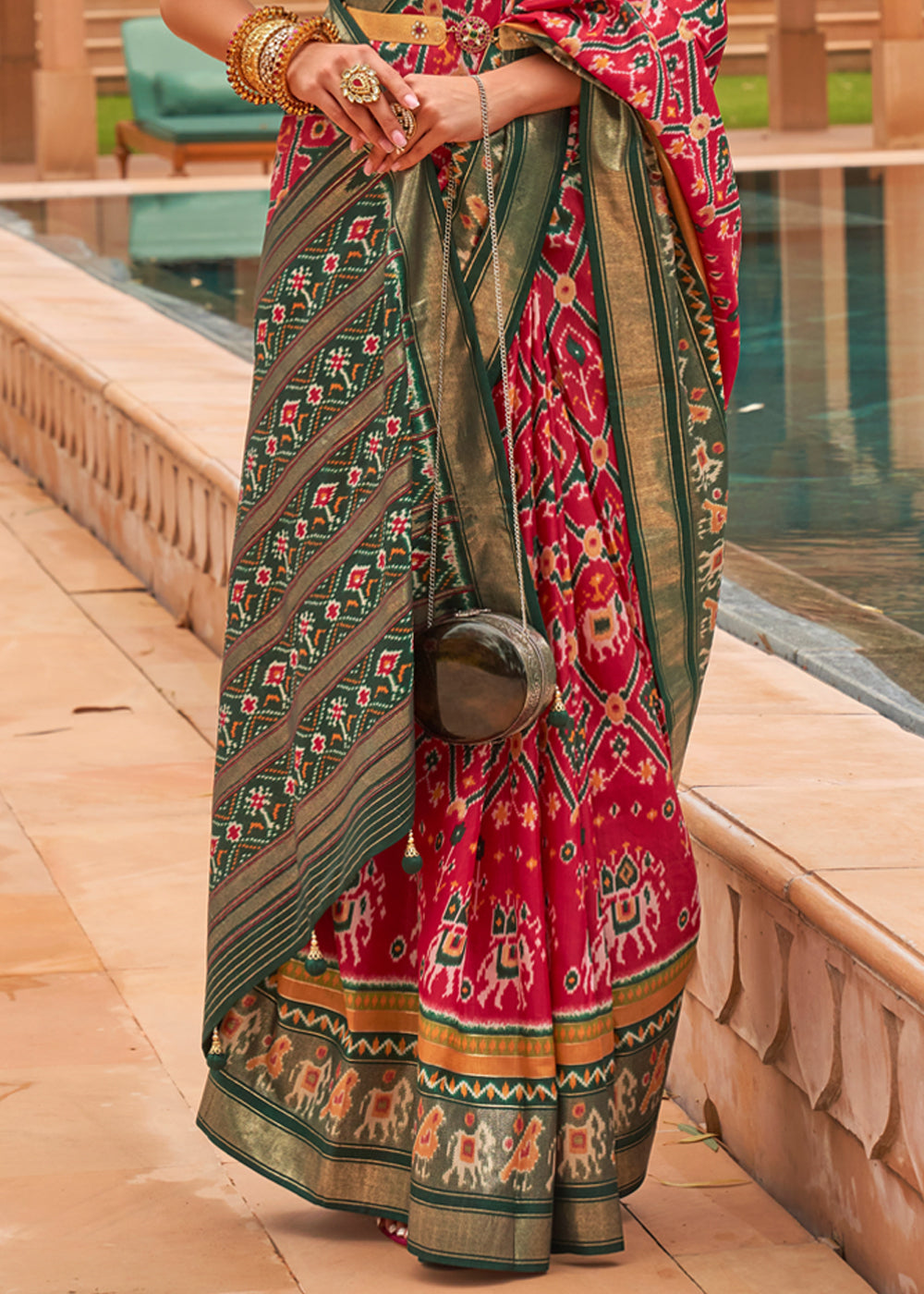 Buy MySilkLove Cabaret Pink and Green Woven Patola Silk Saree Online
