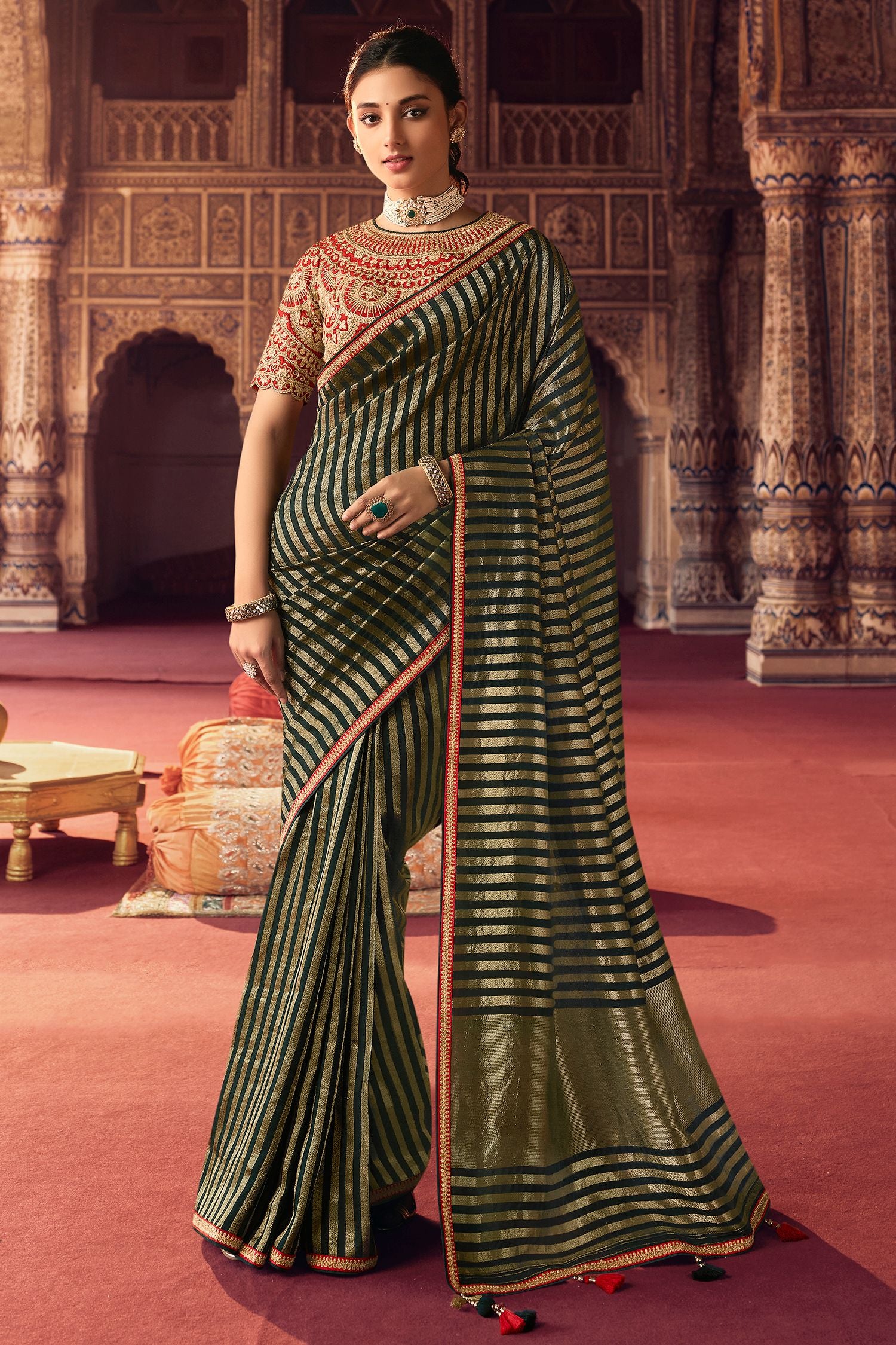 Buy MySilkLove Hemlock Green Organza Leheriya Woven Saree Online