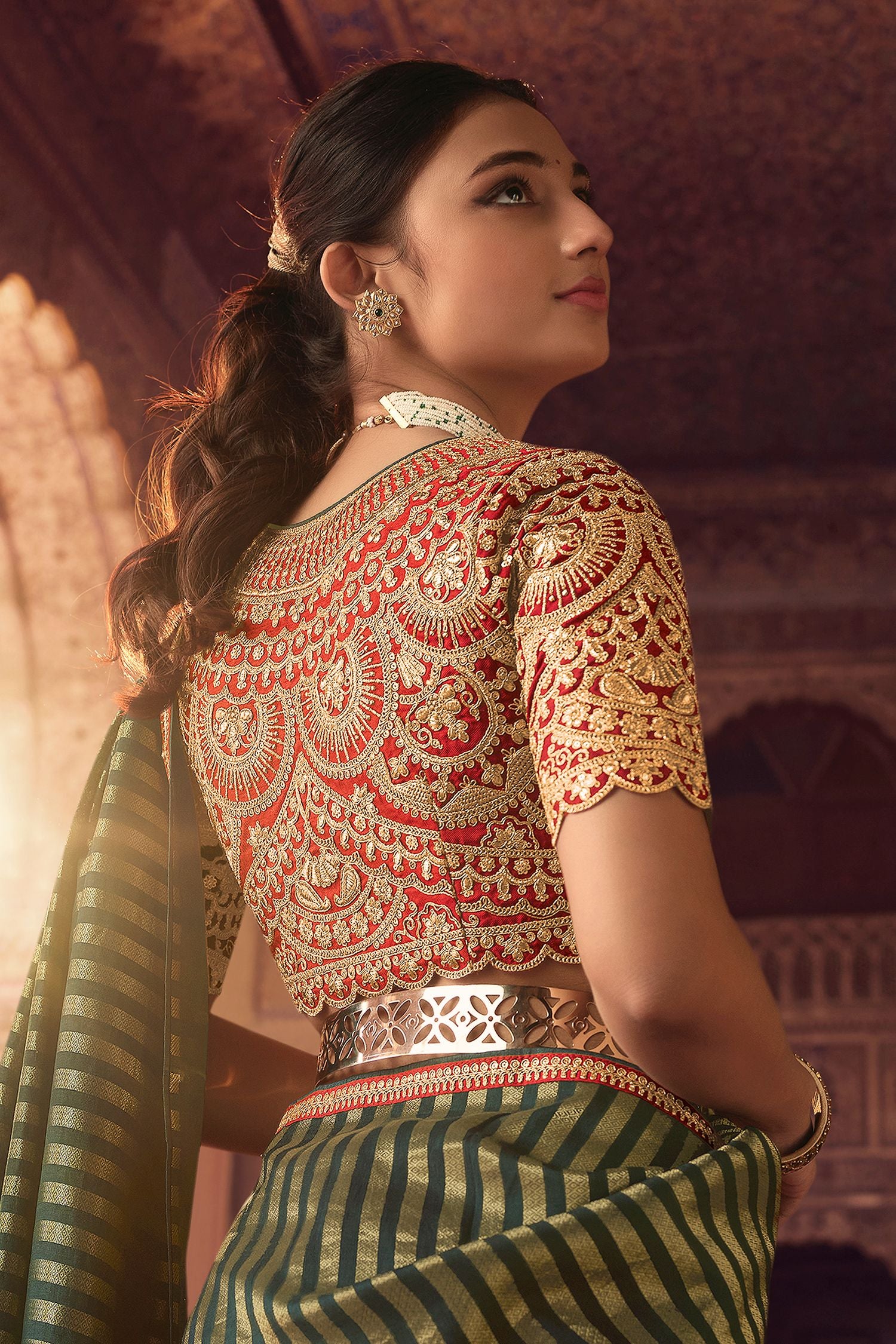 Buy MySilkLove Hemlock Green Organza Leheriya Woven Saree Online