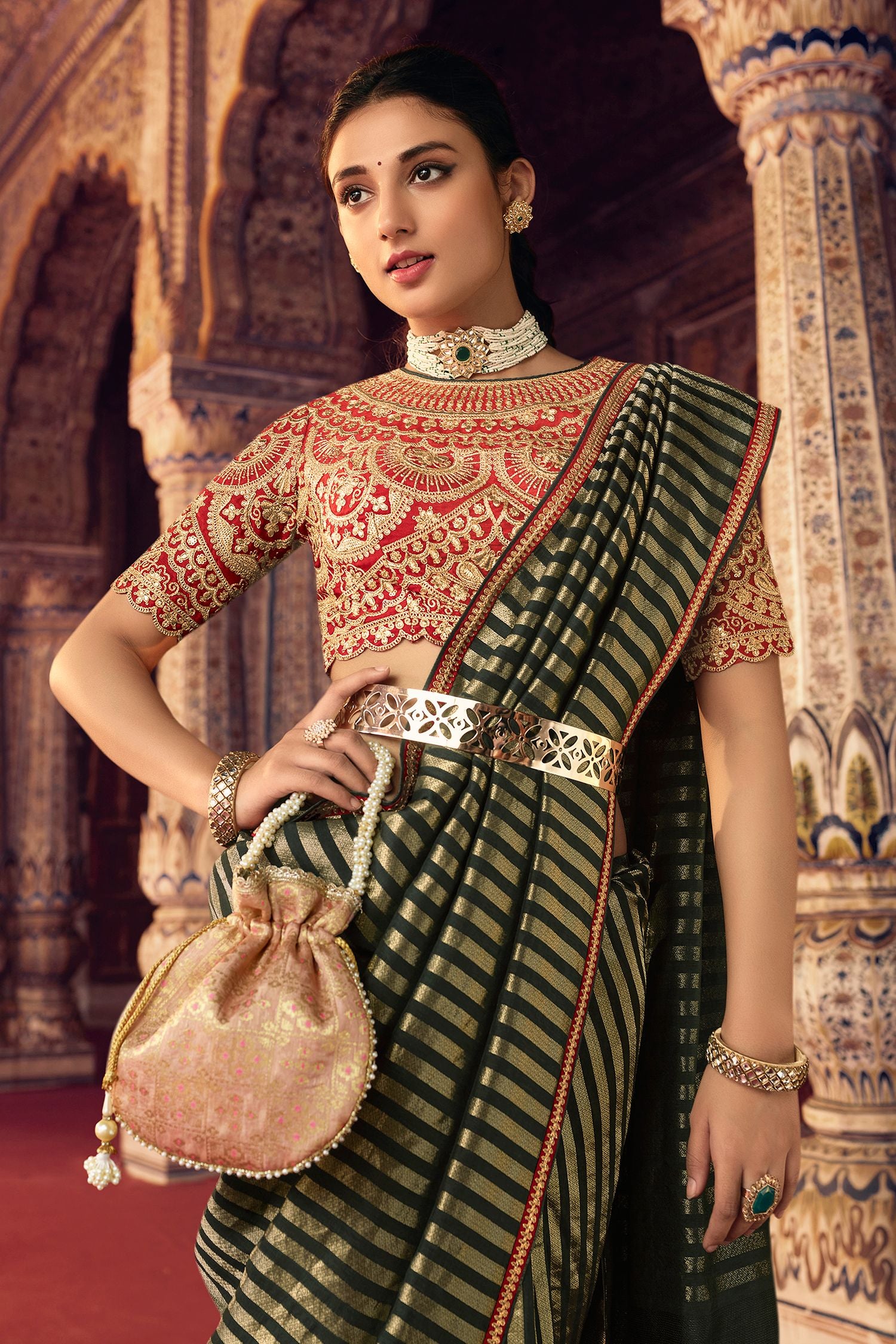 Buy MySilkLove Hemlock Green Organza Leheriya Woven Saree Online