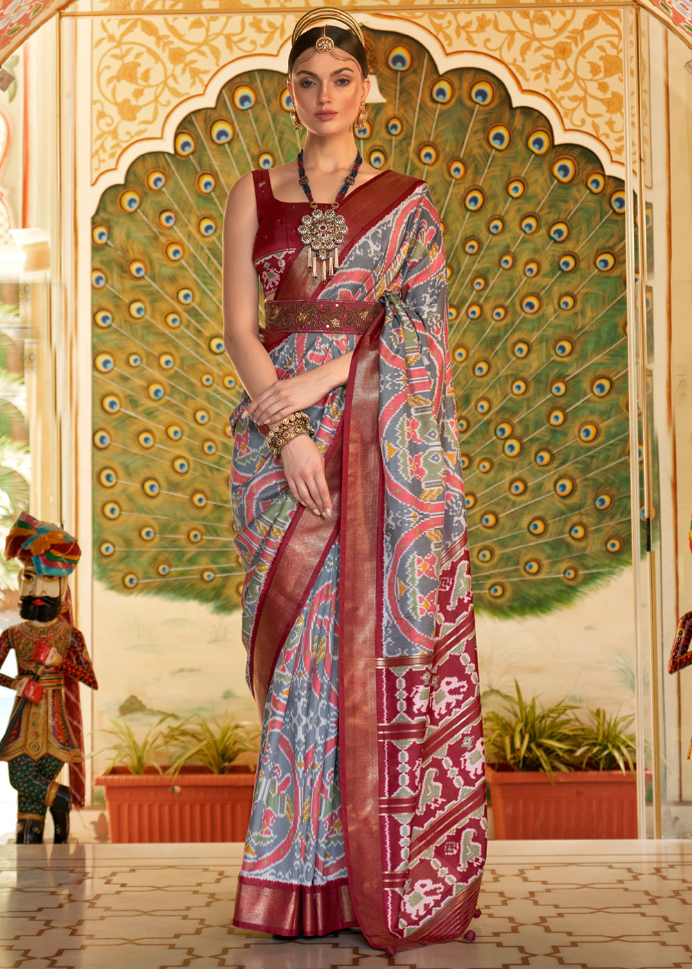 Buy MySilkLove Lemon Grass Green and Maroon Woven Patola Silk Saree Online