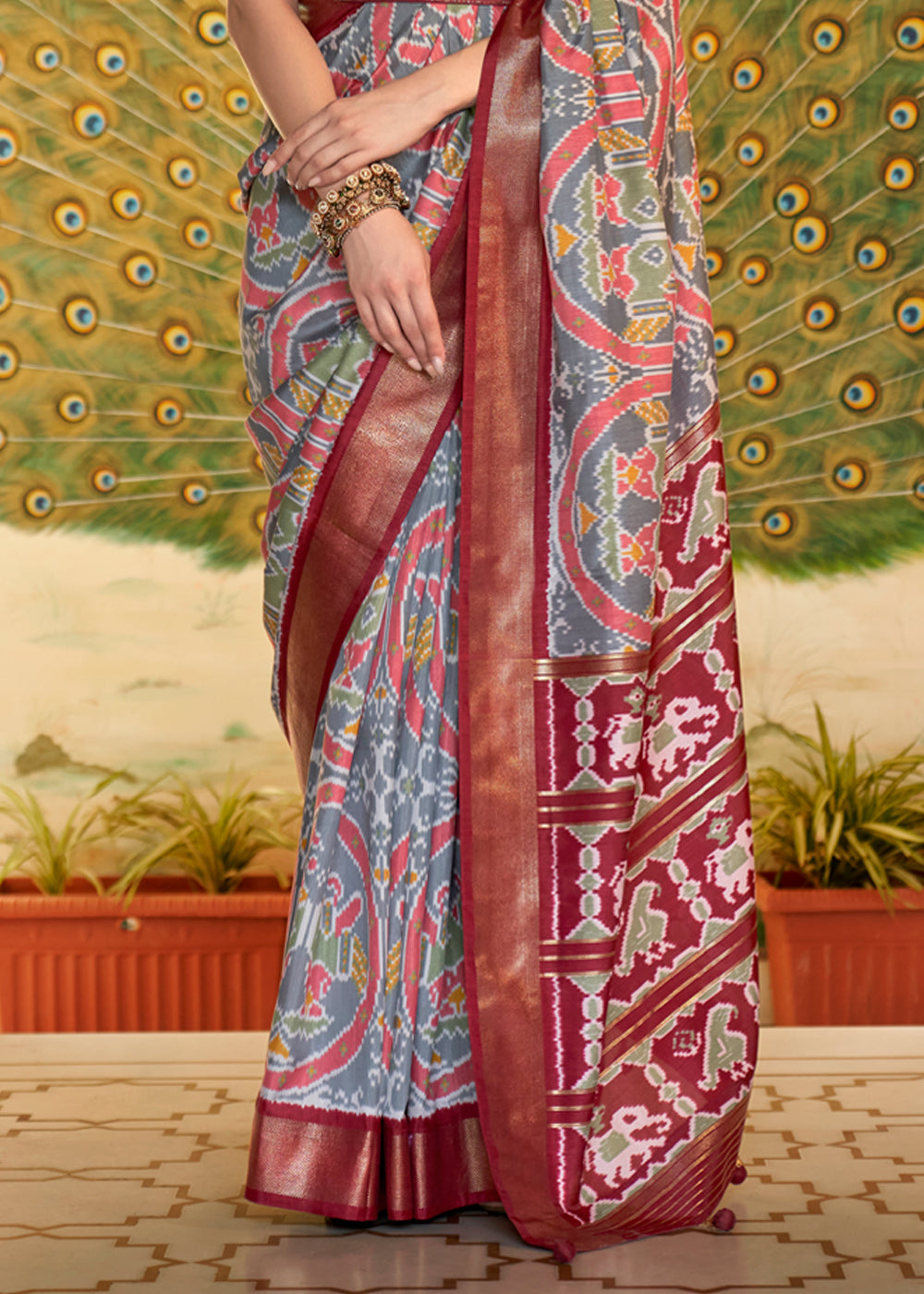 Buy MySilkLove Lemon Grass Green and Maroon Woven Patola Silk Saree Online