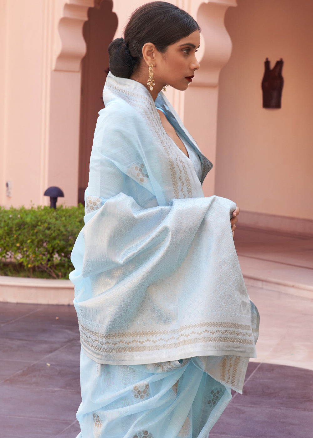 Buy MySilkLove Heather Blue Woven Banarasi Linen Silk Saree Online