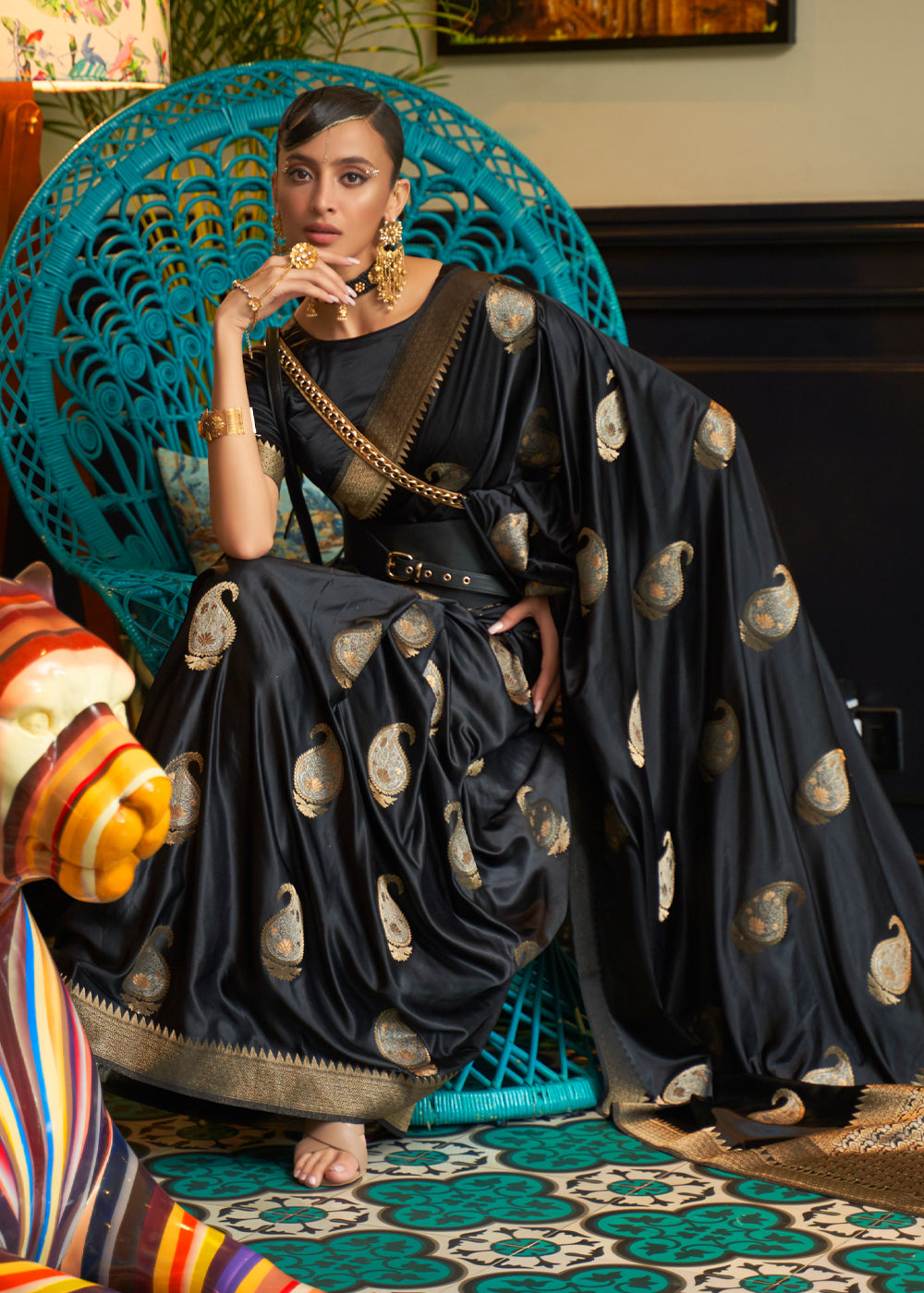 Buy MySilkLove Baltic Sea Black Woven Satin Silk Saree Online