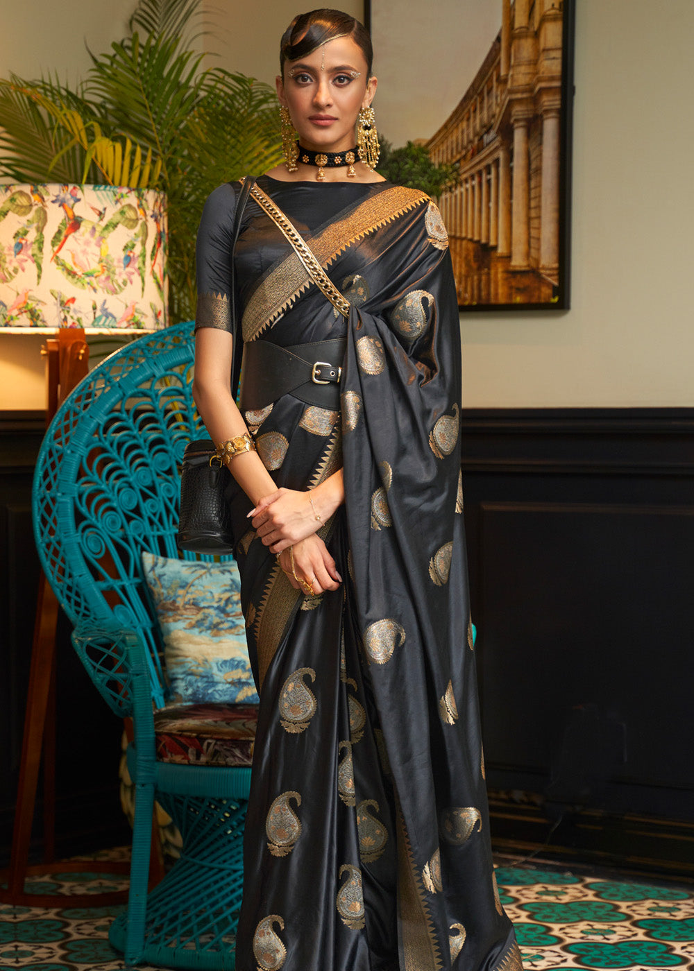 Buy MySilkLove Baltic Sea Black Woven Satin Silk Saree Online