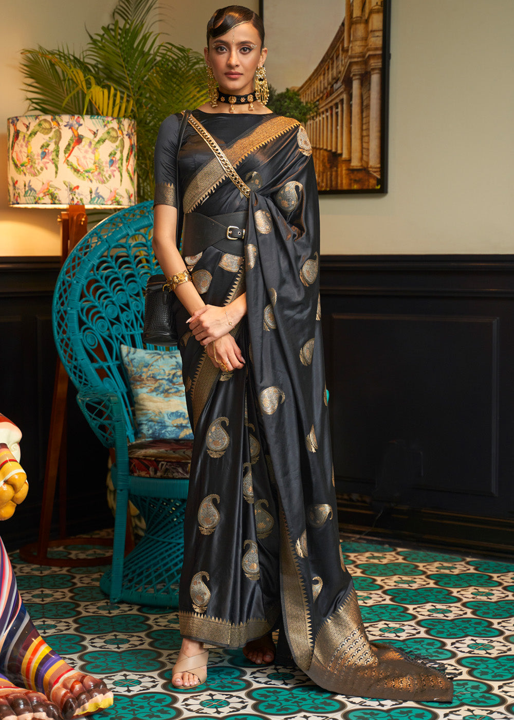 Buy MySilkLove Baltic Sea Black Woven Satin Silk Saree Online