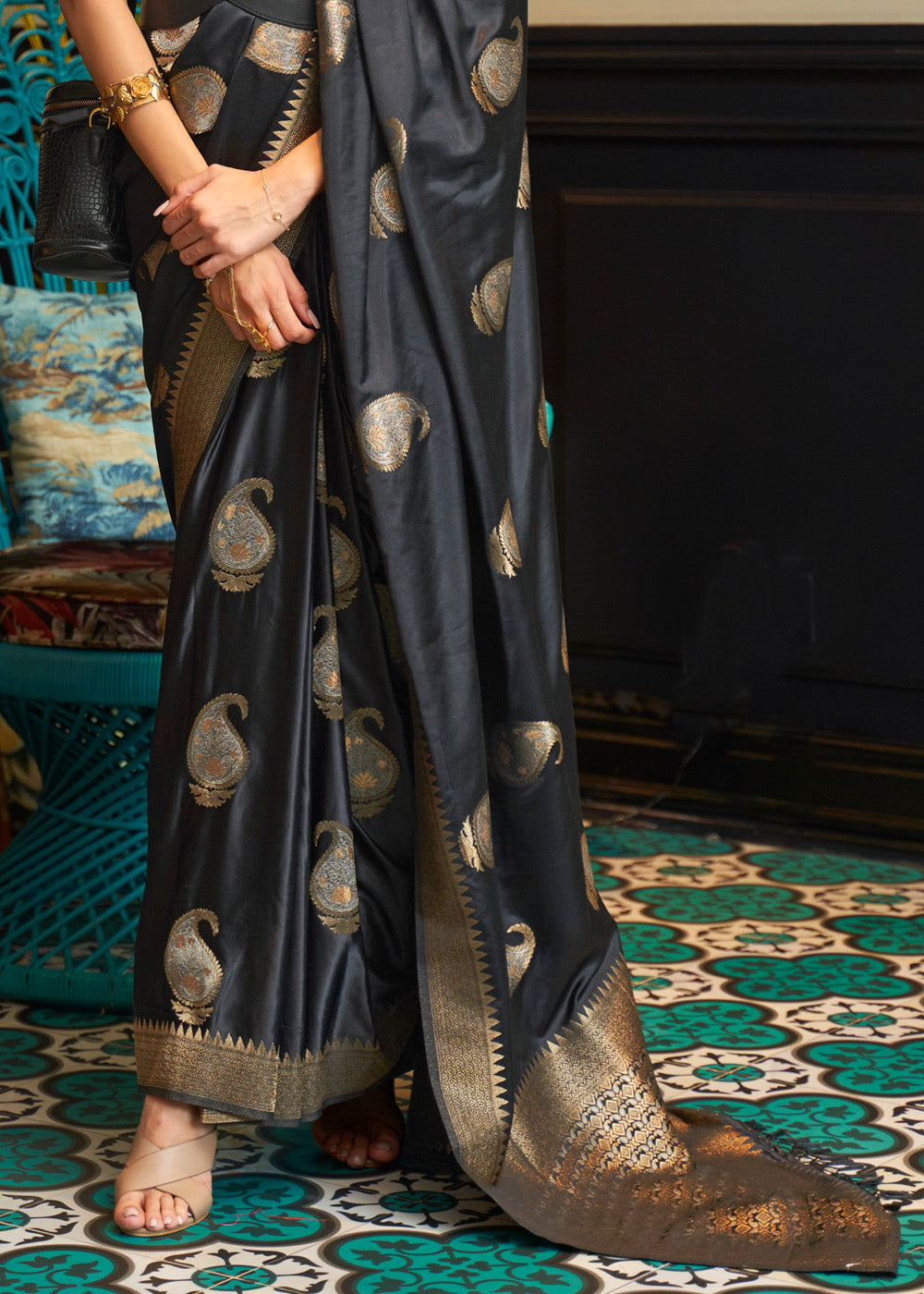 Buy MySilkLove Baltic Sea Black Woven Satin Silk Saree Online