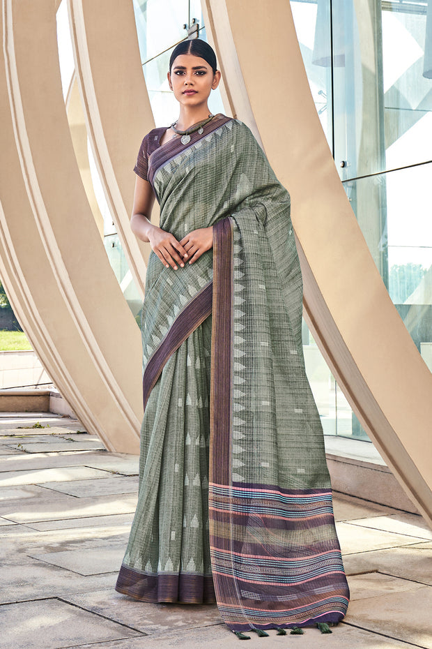 Buy MySilkLove Camouflage Green Printed Cotton Silk Saree Online