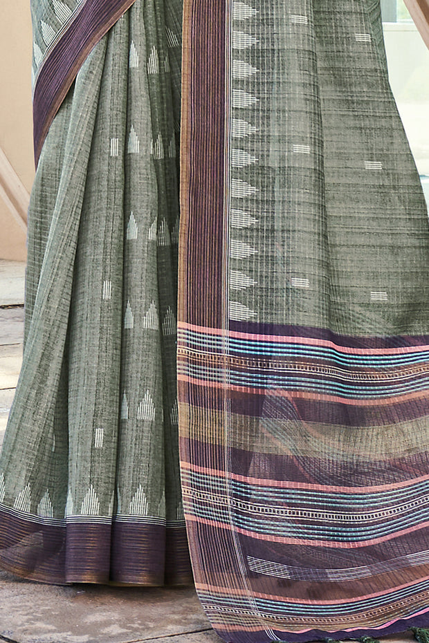 Buy MySilkLove Camouflage Green Printed Cotton Silk Saree Online