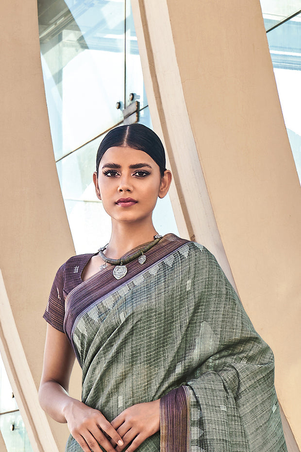 Buy MySilkLove Camouflage Green Printed Cotton Silk Saree Online