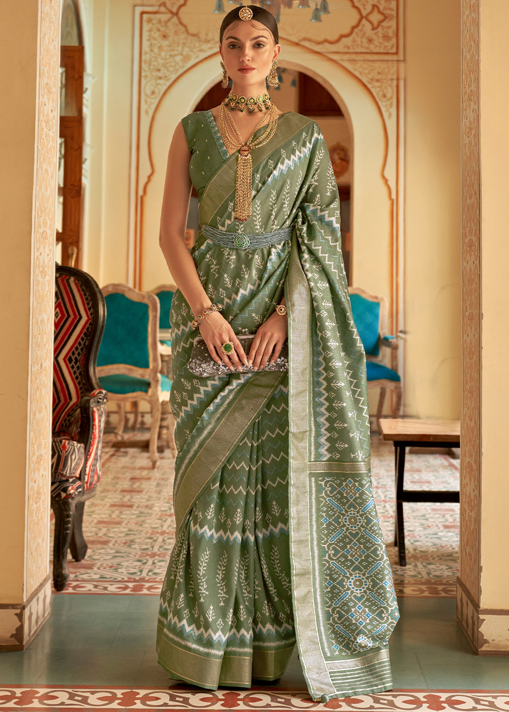 Buy MySilkLove Swamp Green Designer Patola Silk Saree Online