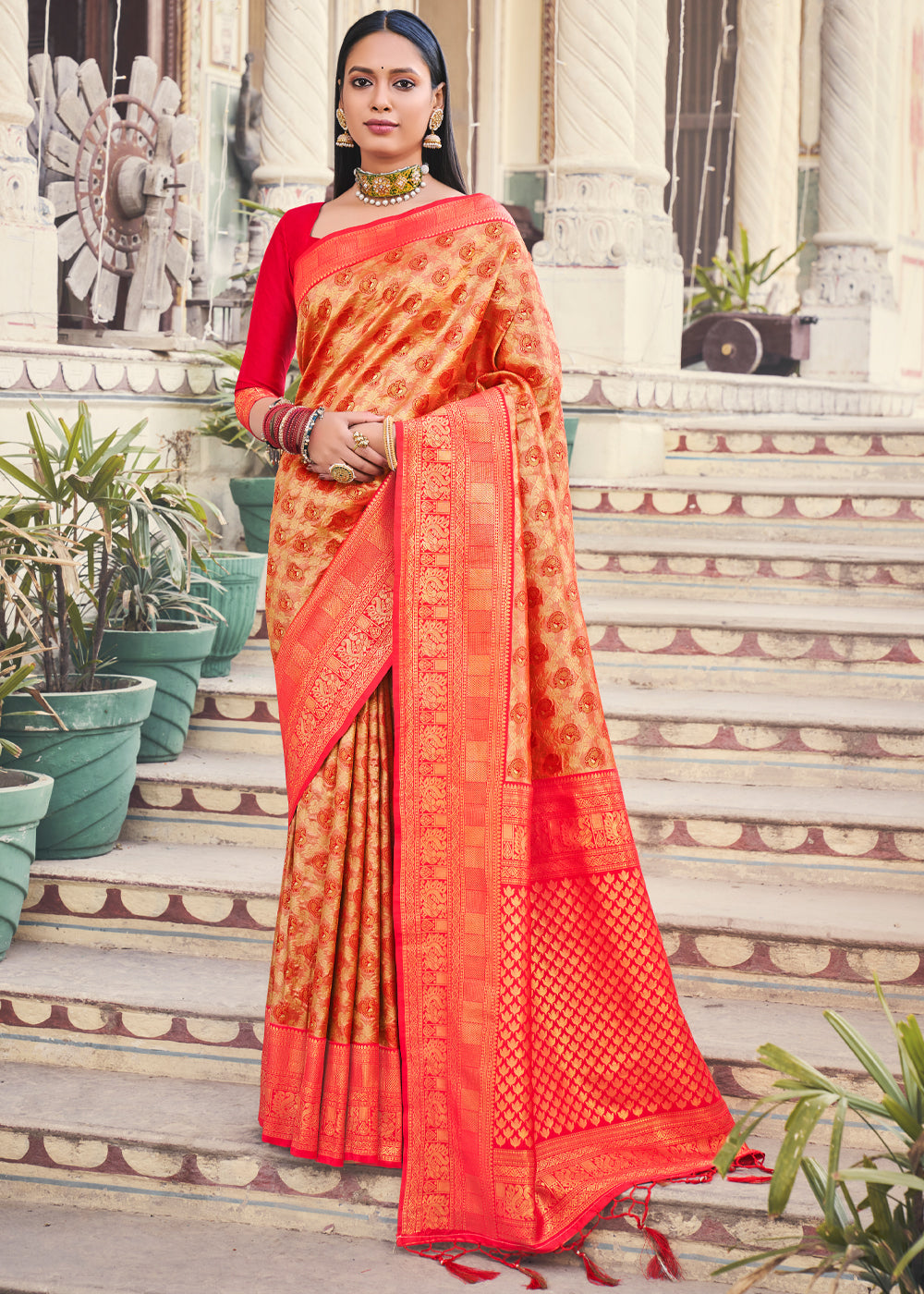Buy MySilkLove Coral Red Woven Kanjivaram Silk Saree Online