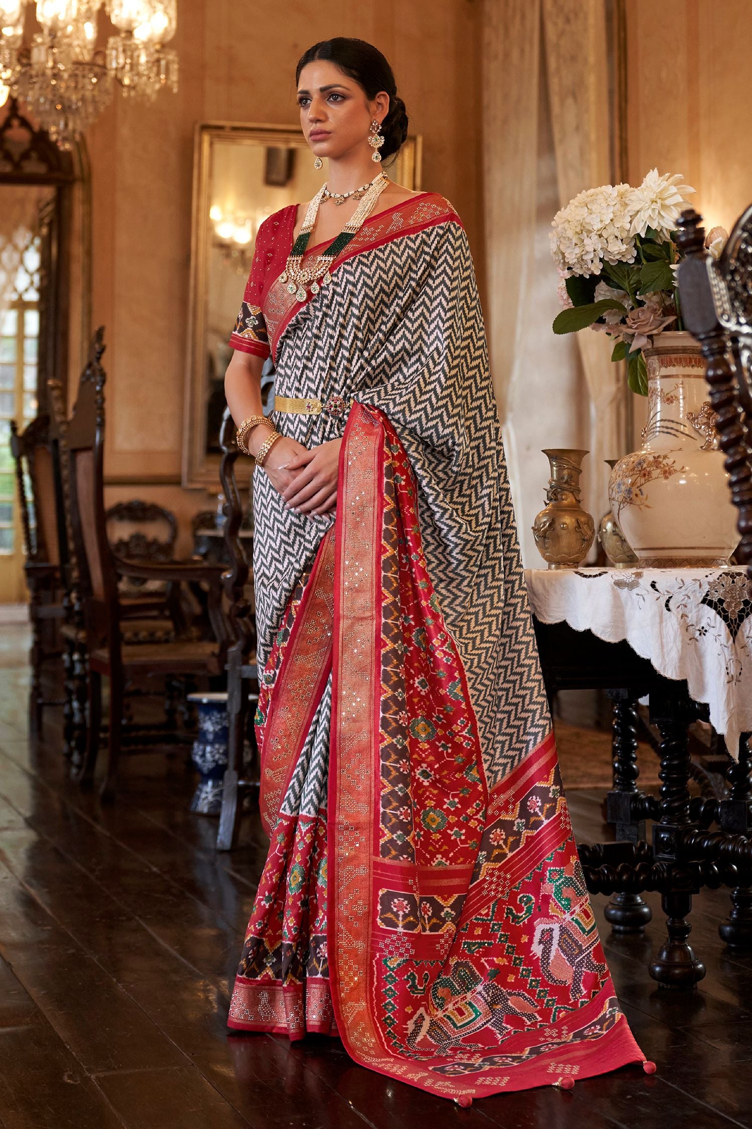 Buy MySilkLove Kabul Grey White and Red Handloom Patola Silk Saree Online