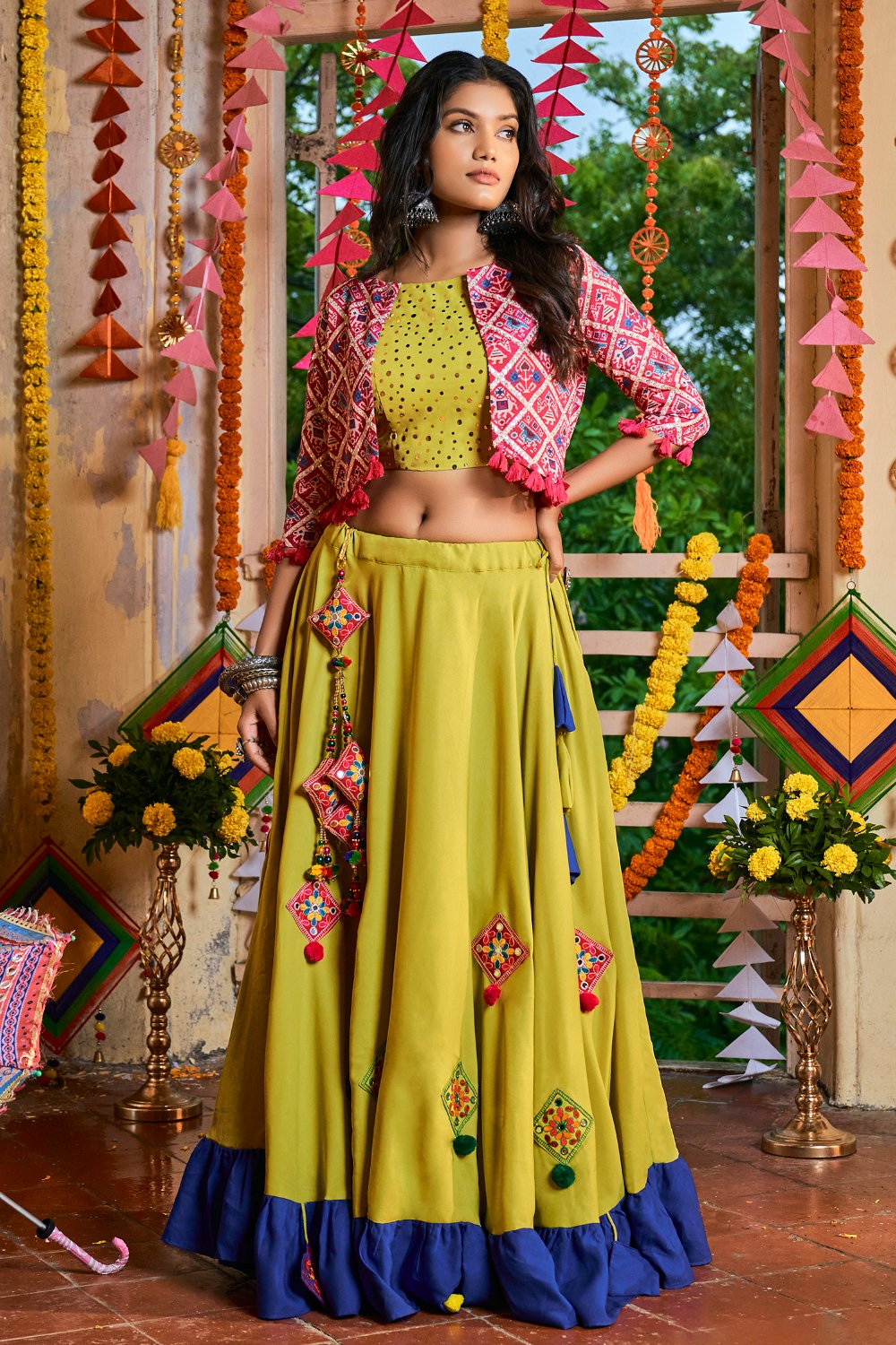 Buy MySilkLove Pesto and Green and Pink Lehenga Choli Online