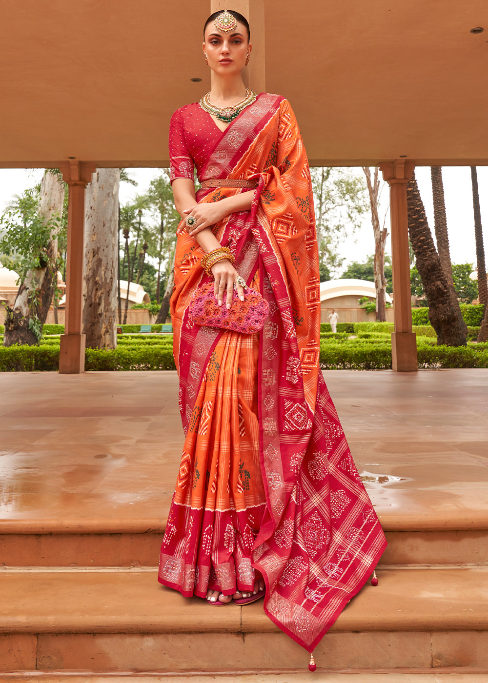 Buy MySilkLove Porsche orange and pink Patola Silk Saree Online