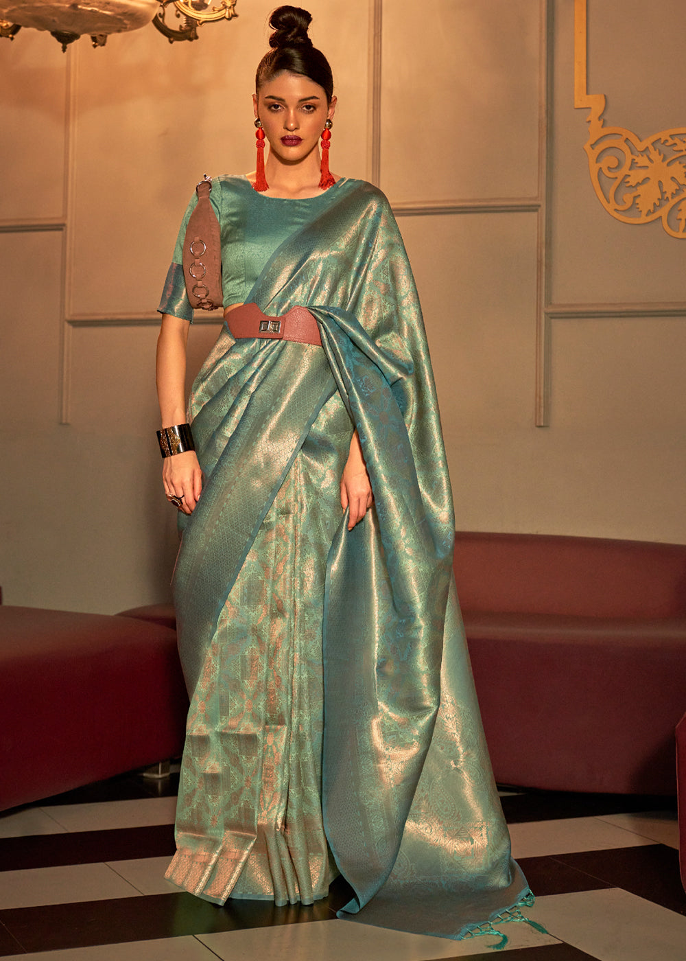 Buy MySilkLove Oxley Green Kanjivaram Woven Silk Saree Online