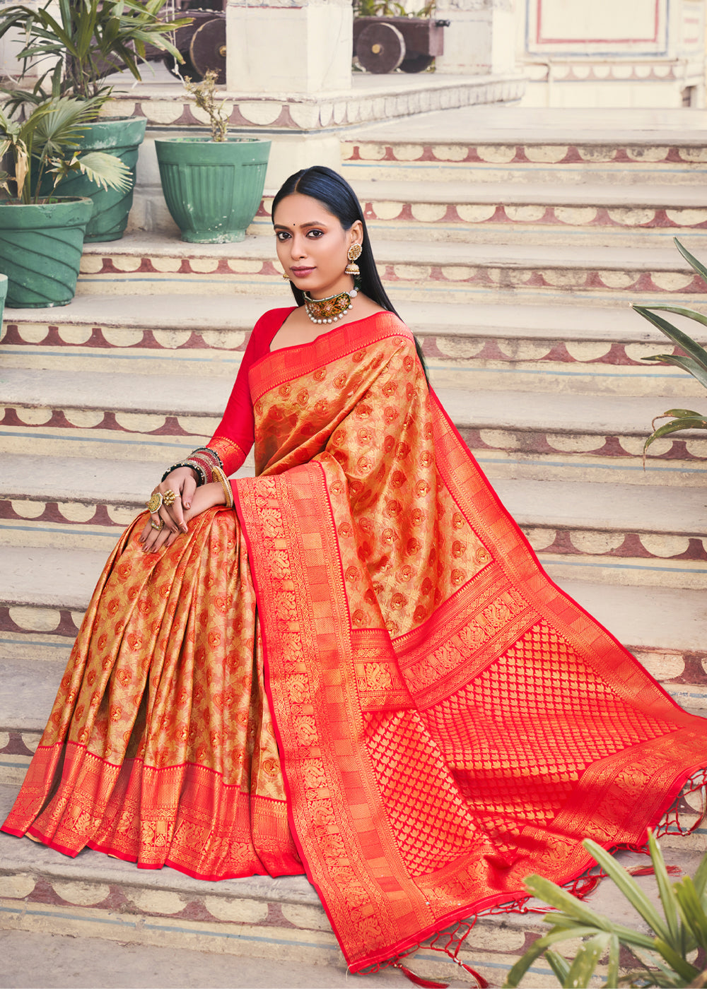 Buy MySilkLove Coral Red Woven Kanjivaram Silk Saree Online