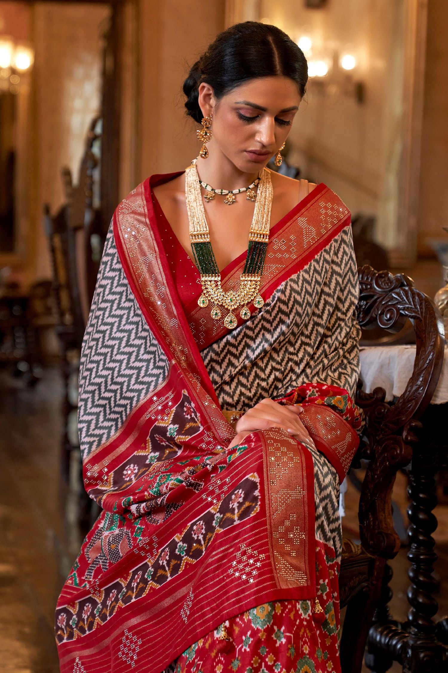 Buy MySilkLove Kabul Grey White and Red Handloom Patola Silk Saree Online