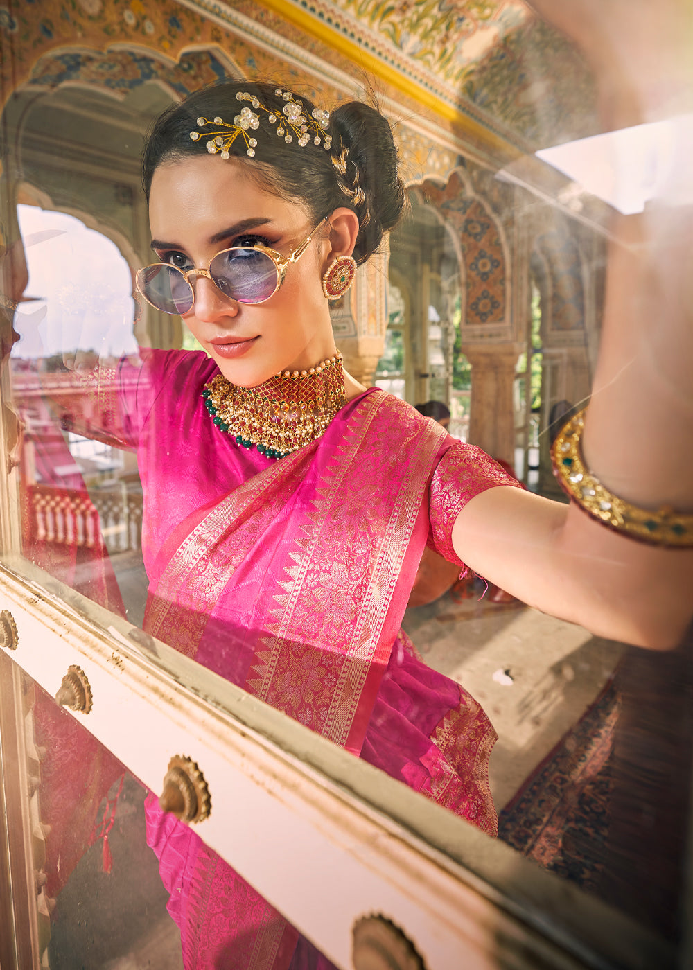 Buy MySilkLove Persian Rose Pink Woven Banarasi Satin Silk Saree Online