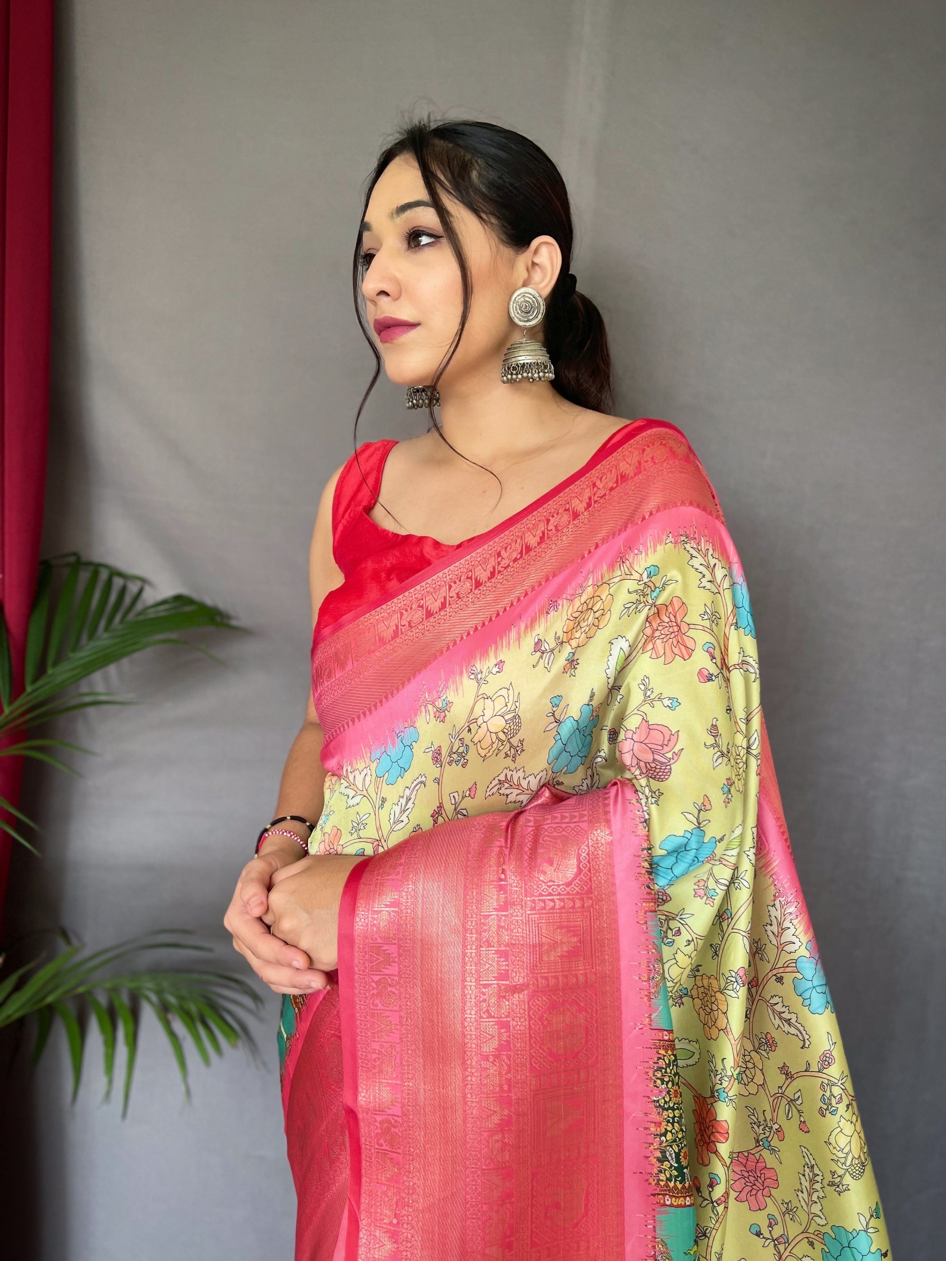 Buy MySilkLove Winter Hazel Green and Pink Kalamkari Saree Online