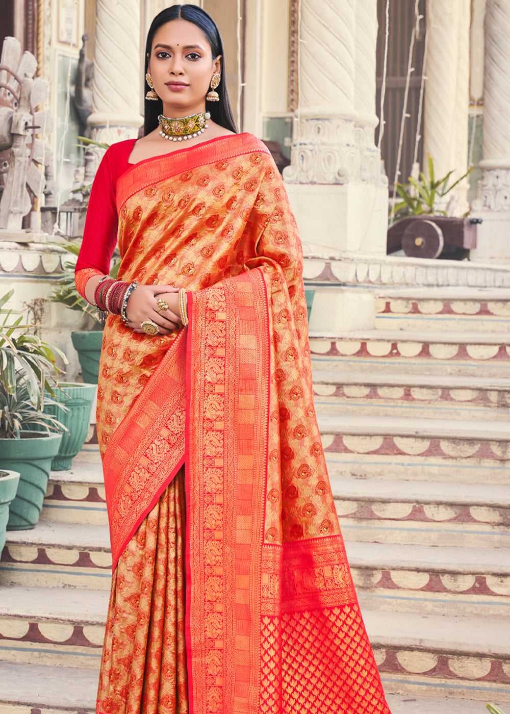 Buy MySilkLove Coral Red Woven Kanjivaram Silk Saree Online