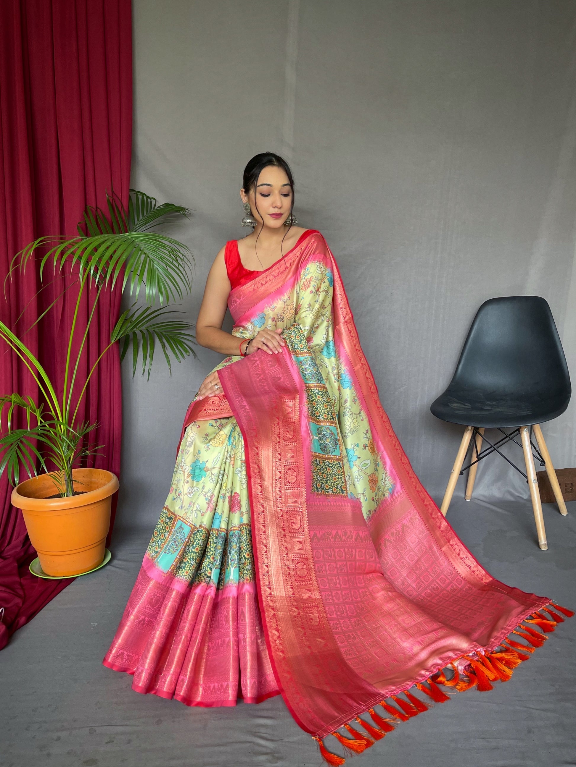 Buy MySilkLove Winter Hazel Green and Pink Kalamkari Saree Online