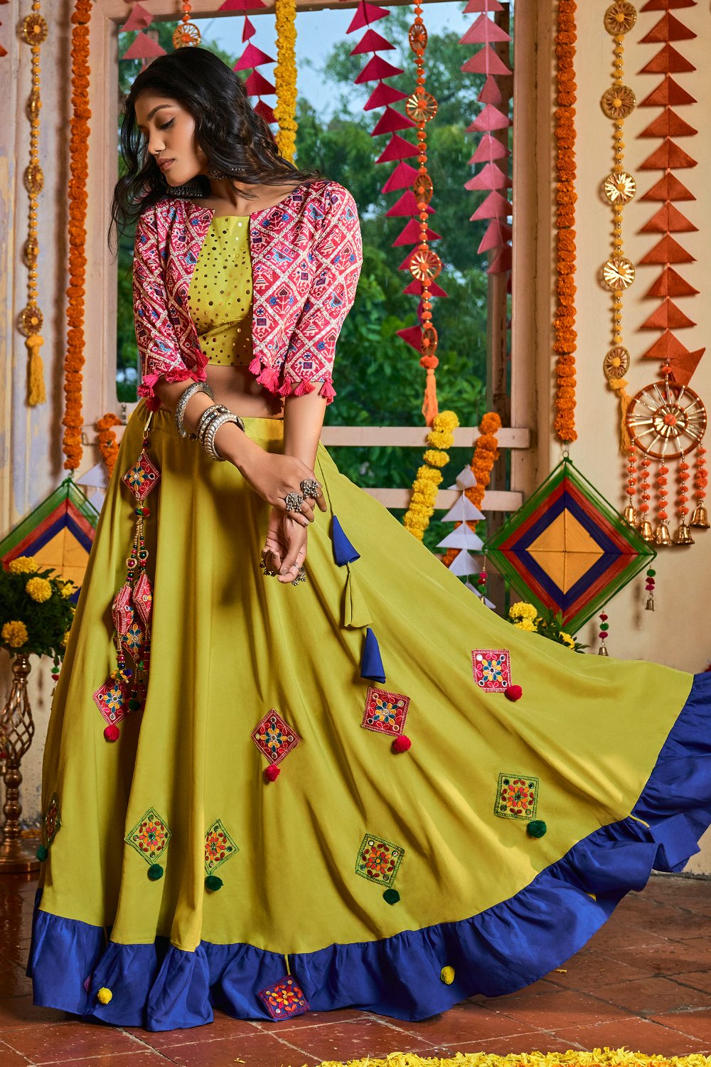 Buy MySilkLove Pesto and Green and Pink Lehenga Choli Online