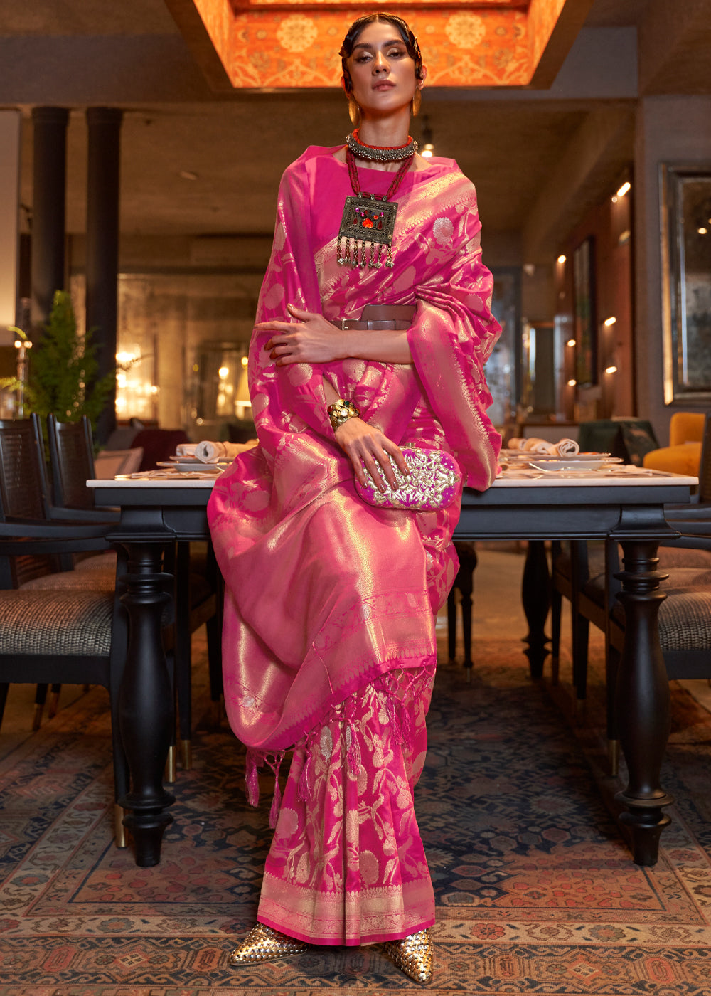 Buy MySilkLove Cranberry Pink Banarasi Brocade Silk Saree Online