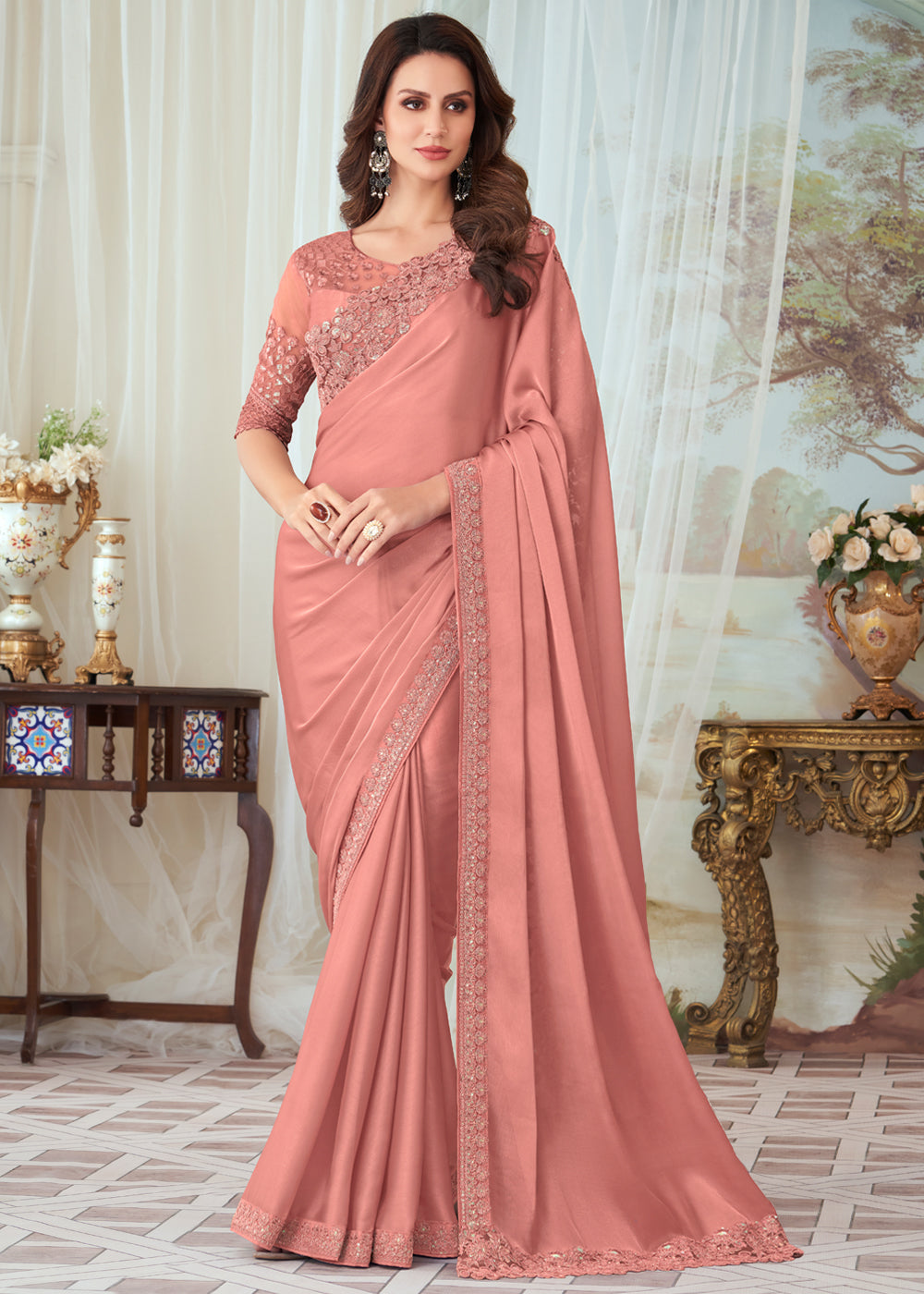 Buy MySilkLove Plum Peach Woven Satin Silk Saree Online