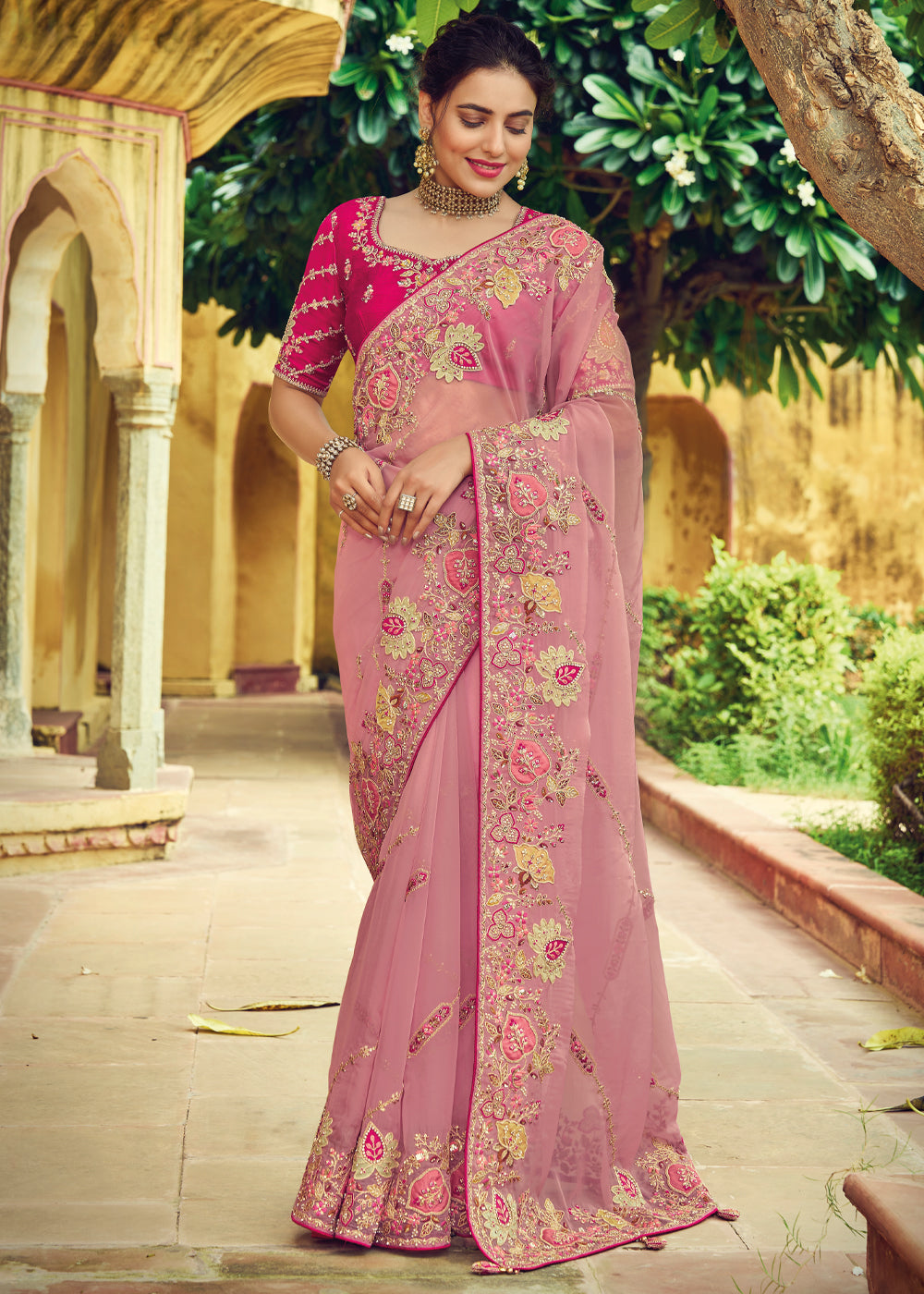 Buy MySilkLove Tonys Pink Designer Embroidered Organza Silk Saree Online