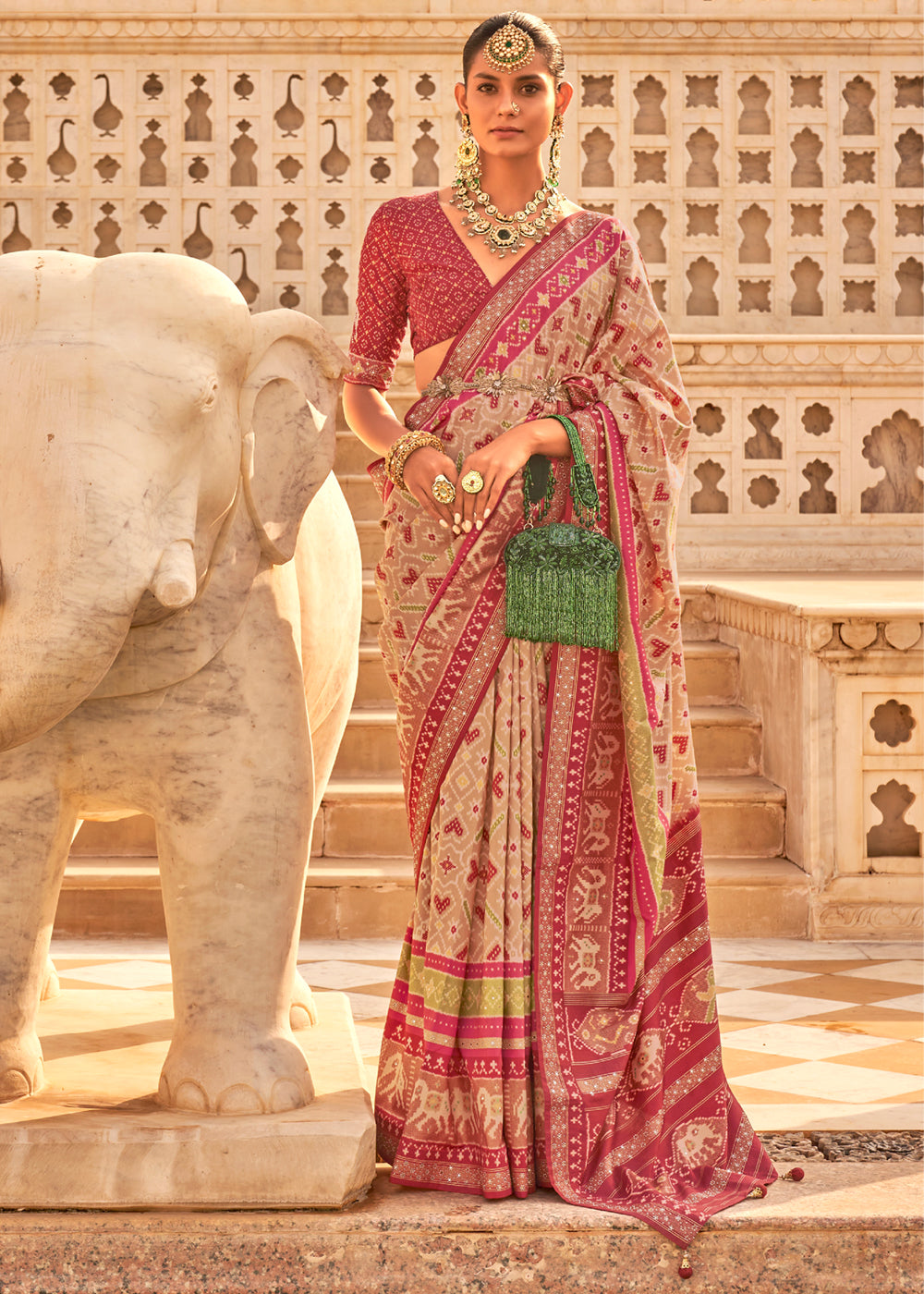 Buy MySilkLove Fuzzy Maroon and Cream Woven Patola Silk Saree Online
