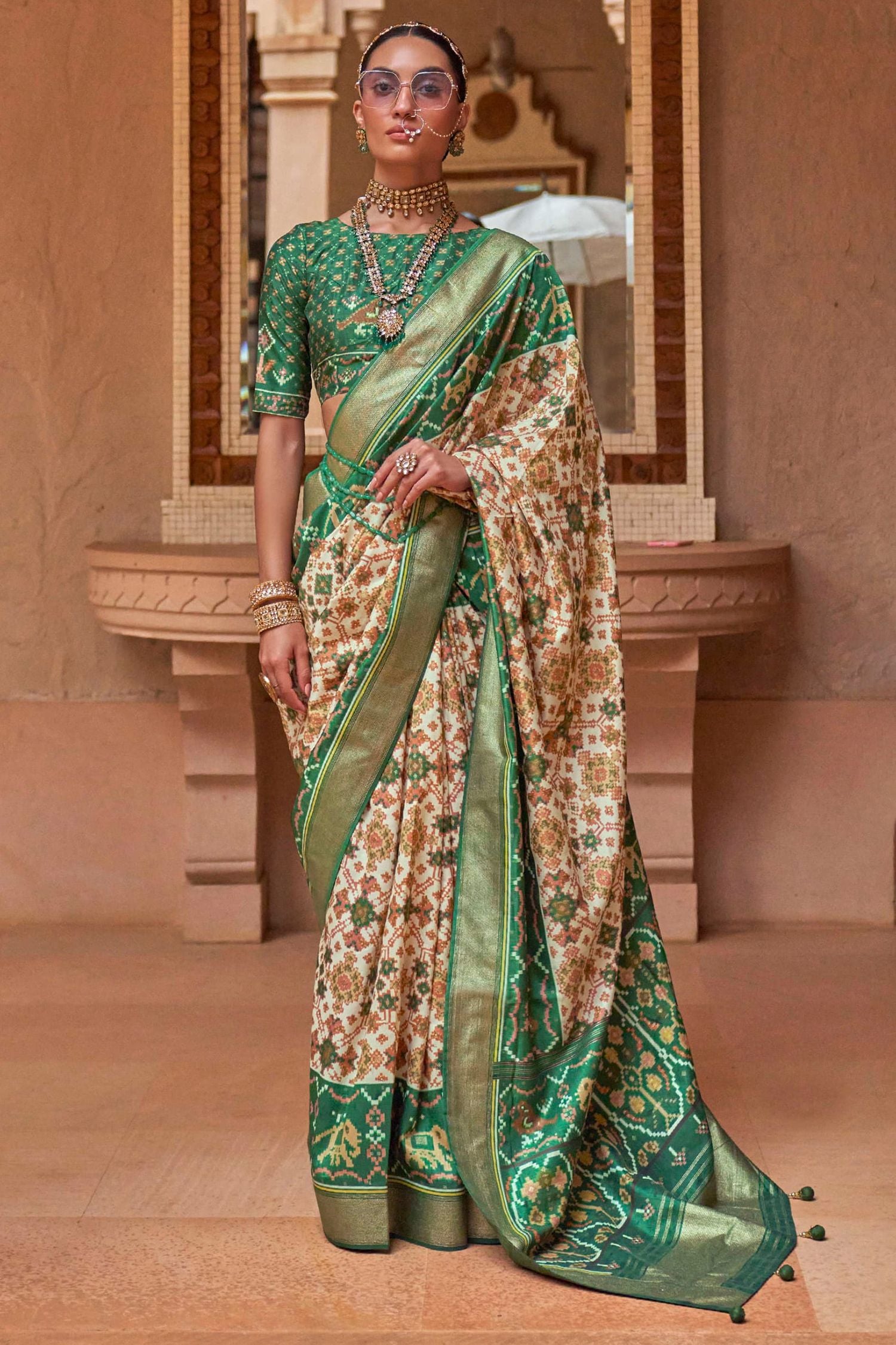 Buy MySilkLove Polished Pine Green and Cream Patola Printed Silk Saree Online