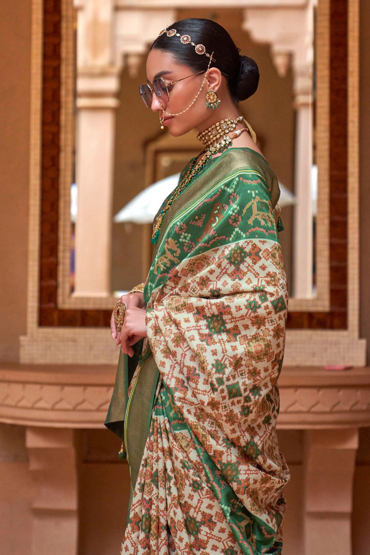Buy MySilkLove Polished Pine Green and Cream Patola Printed Silk Saree Online