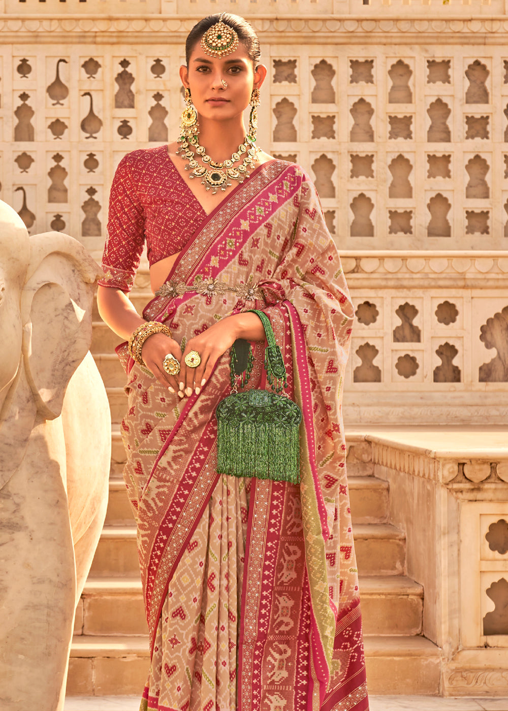 Buy MySilkLove Fuzzy Maroon and Cream Woven Patola Silk Saree Online