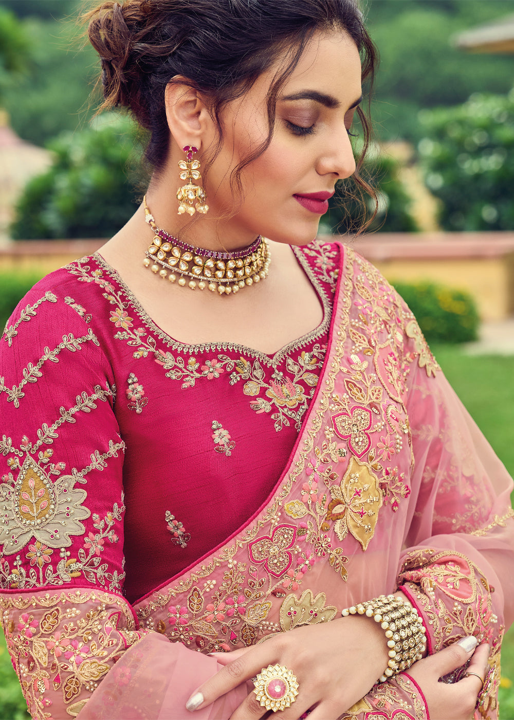 Buy MySilkLove Tonys Pink Designer Embroidered Organza Silk Saree Online