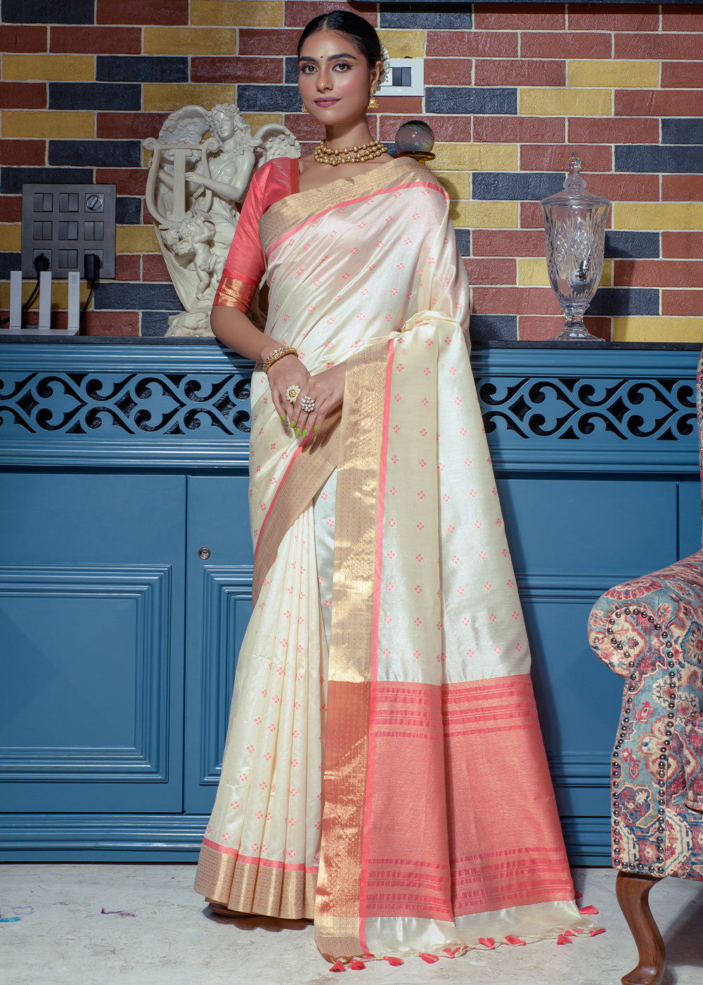 Buy MySilkLove Oyster White Woven Raw Silk Saree Online