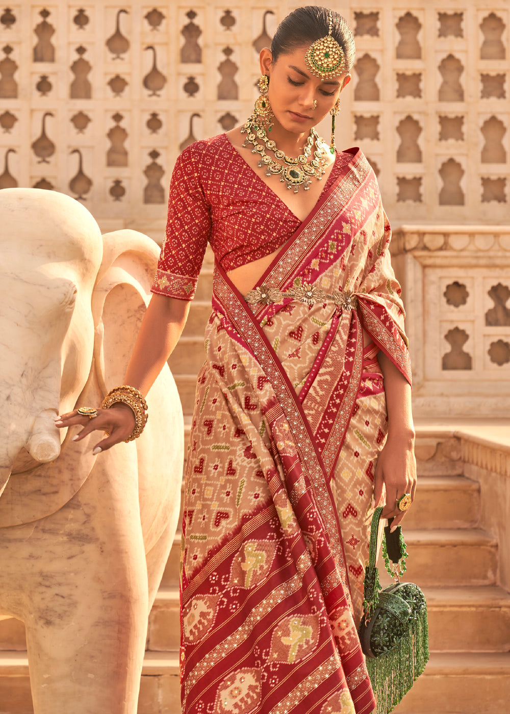 Buy MySilkLove Fuzzy Maroon and Cream Woven Patola Silk Saree Online