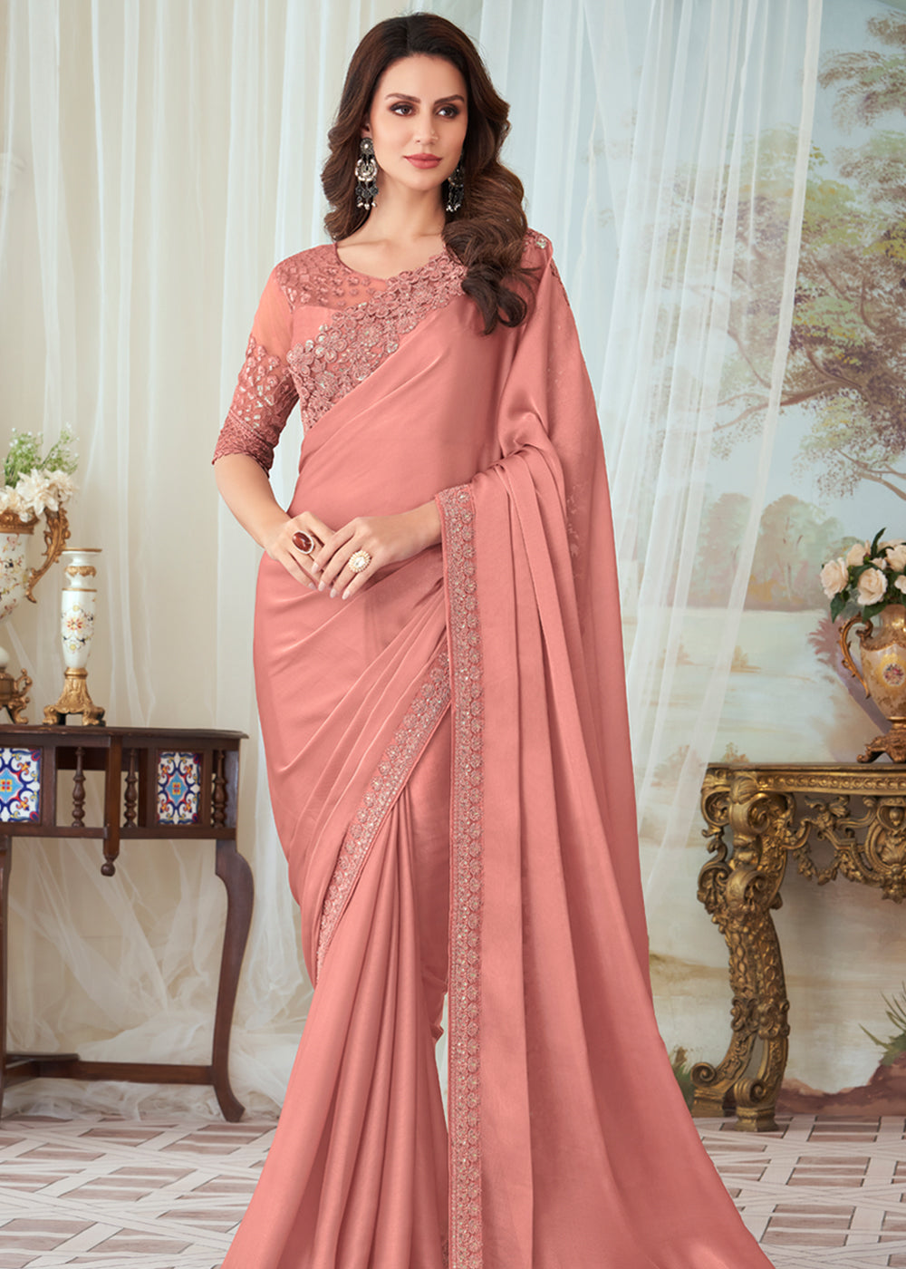 Buy MySilkLove Plum Peach Woven Satin Silk Saree Online