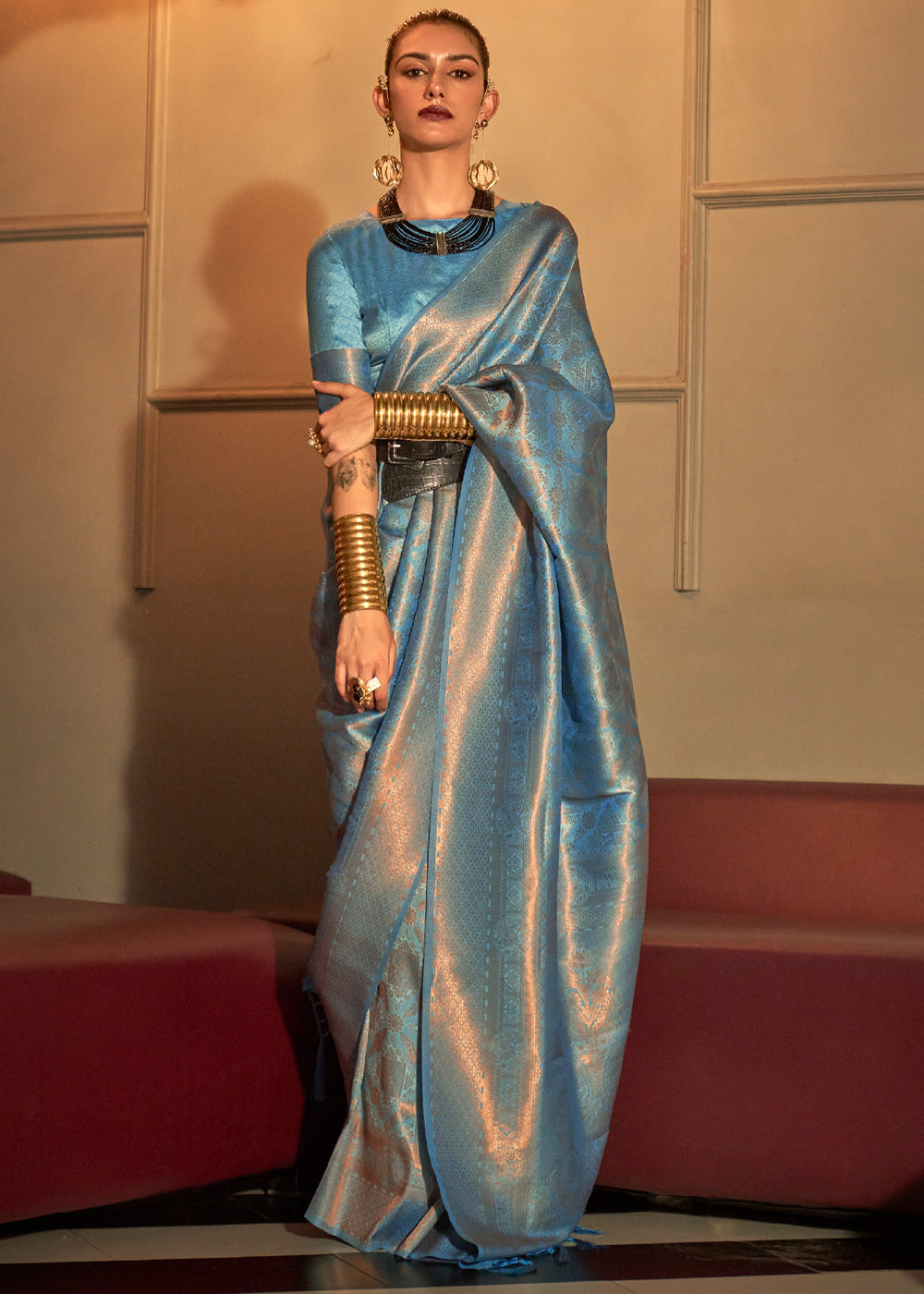 Buy MySilkLove Horizon Blue Kanjivaram Woven Silk Saree Online