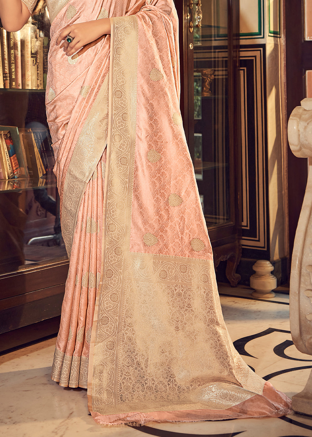 Buy MySilkLove Manhattan Peach Banarasi Handloom Satin Silk Saree Online