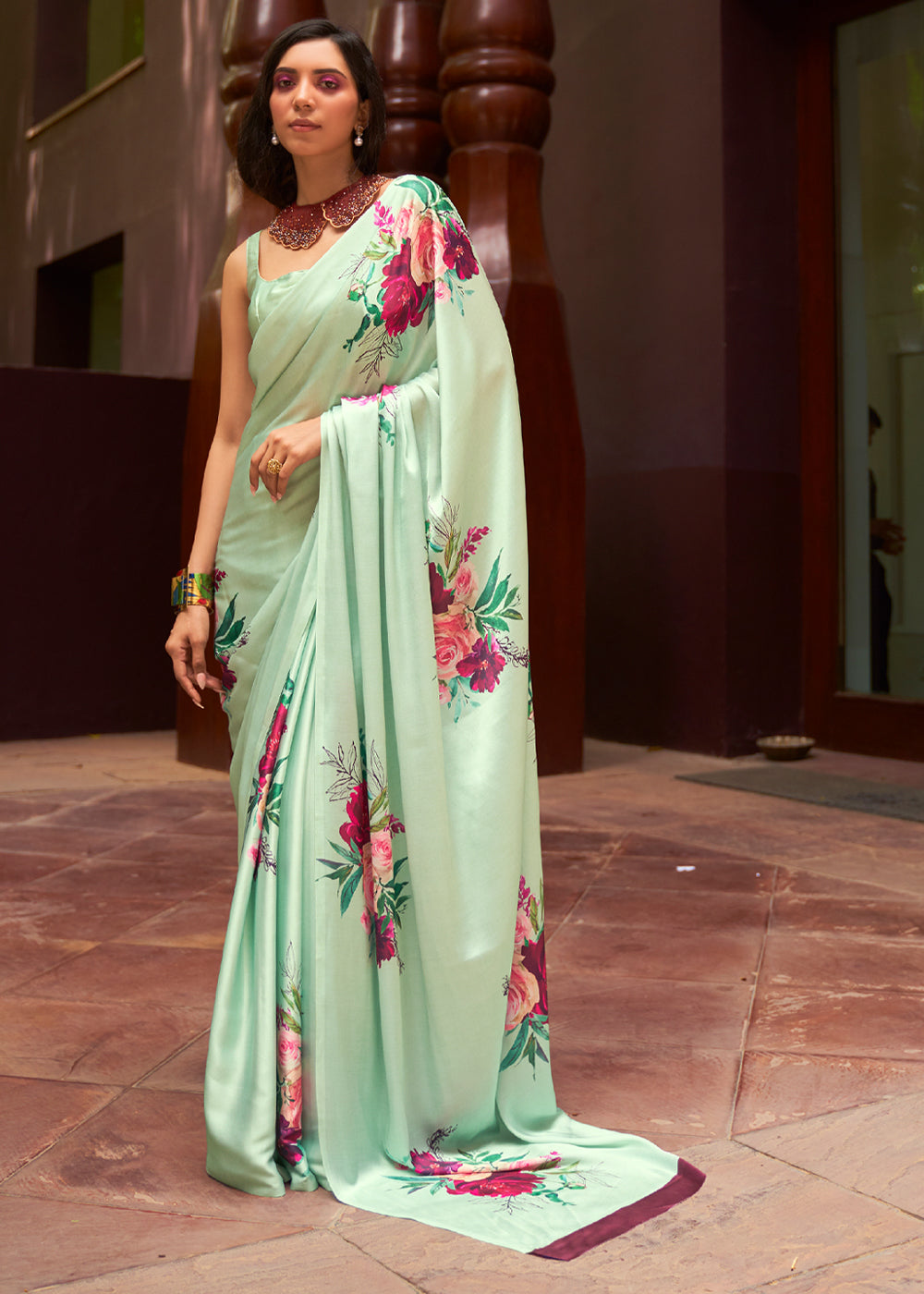 Buy MySilkLove Swamp Green Floral Printed Satin Silk Saree Online